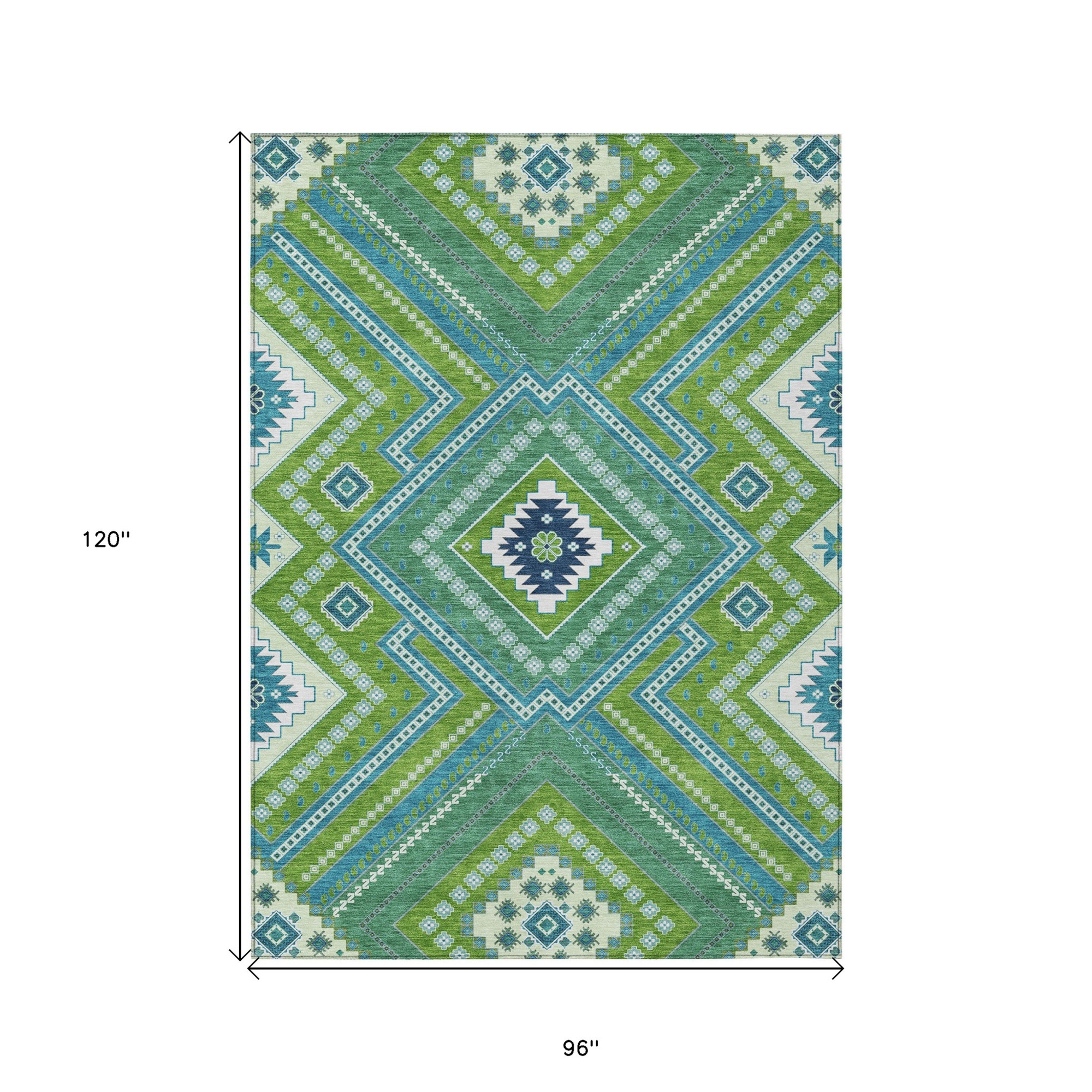 8' X 10' Lime Green Aqua And Ivory Tribal Washable Indoor Outdoor Area Rug Sports & Outdoor