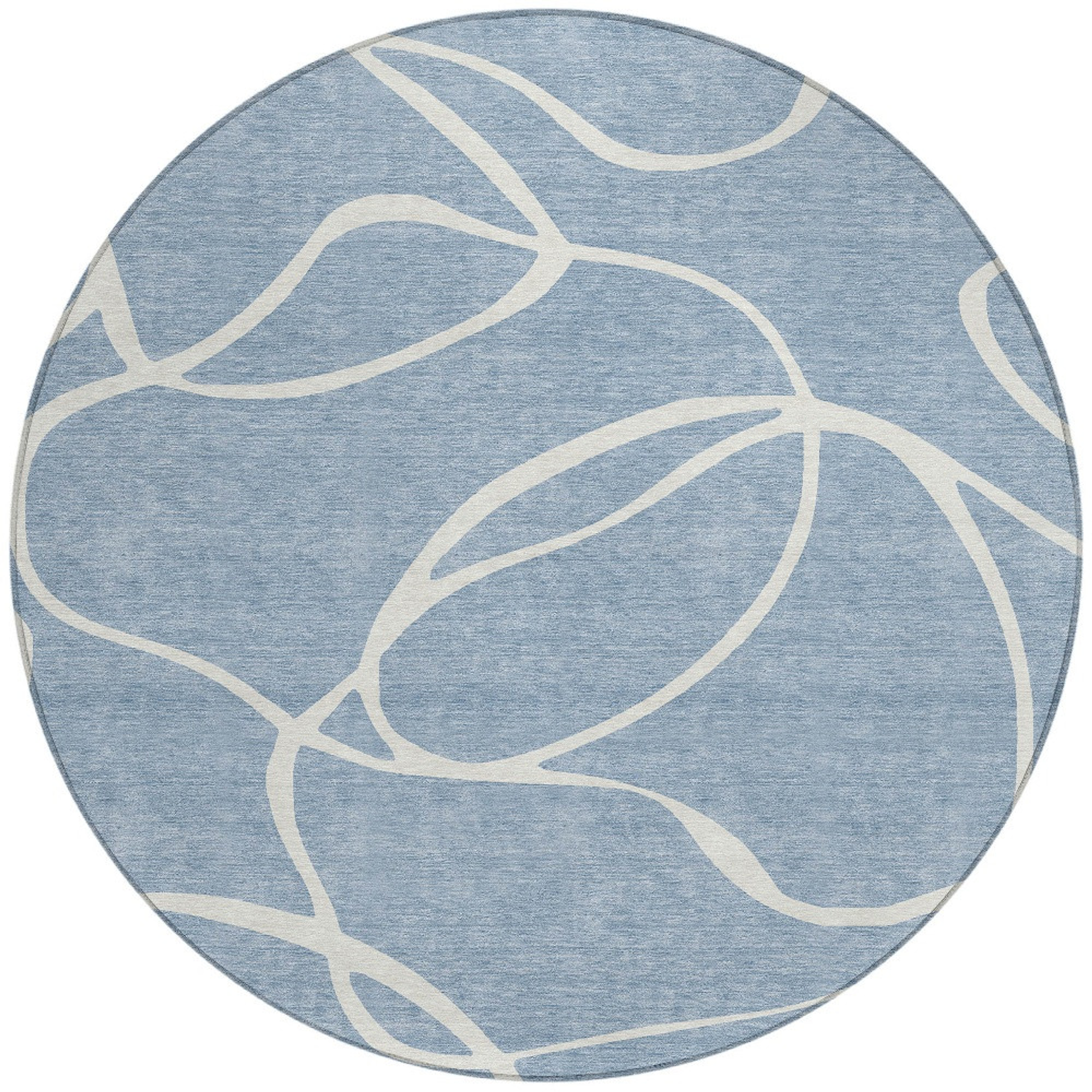 8' Denim Blue And Ivory Round Abstract Washable Indoor Outdoor Area Rug Sports & Outdoor