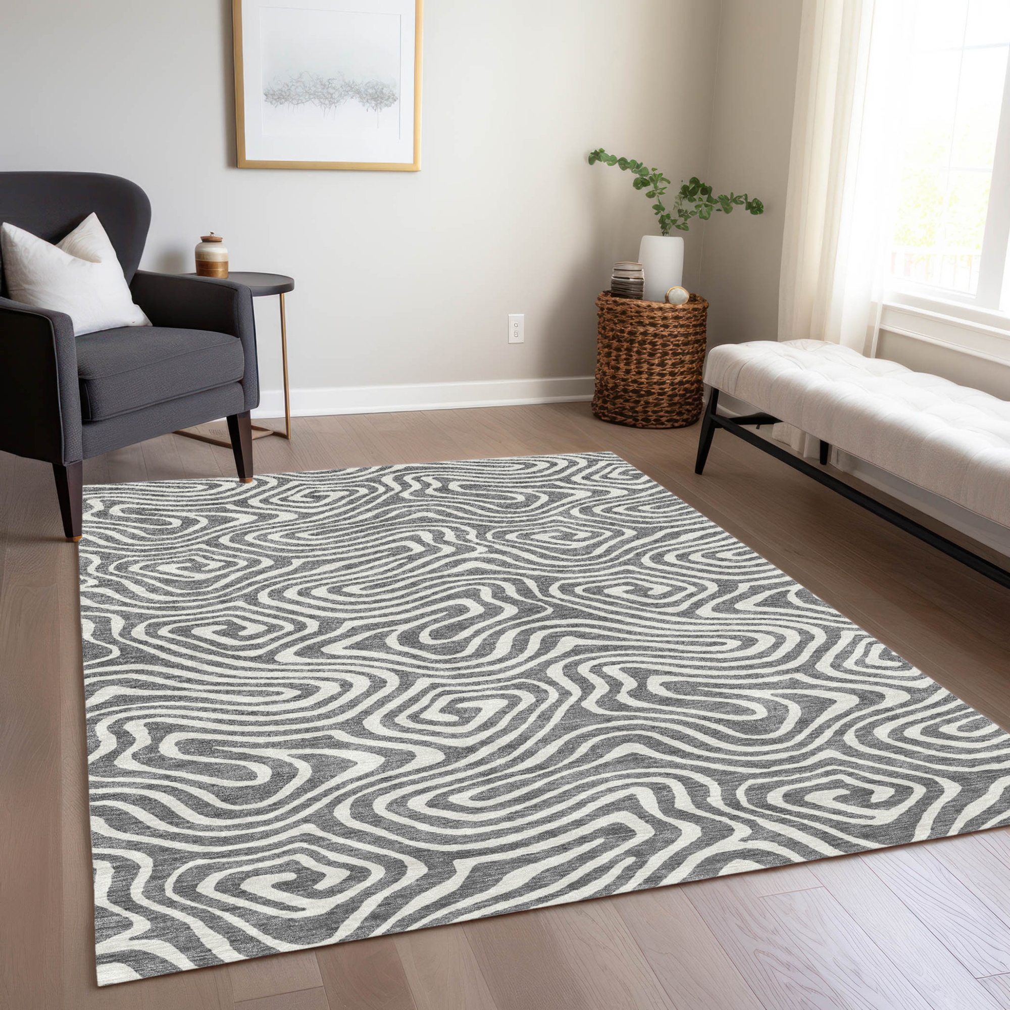 8' X 10' Gray And Ivory Abstract Washable Indoor Outdoor Area Rug Sports & Outdoor