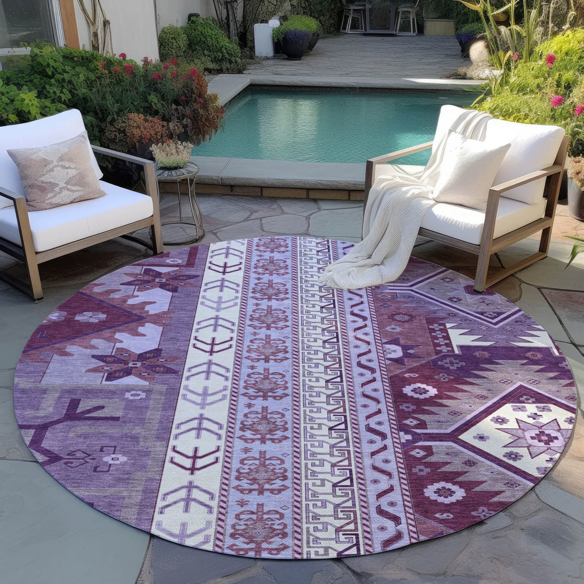 8' Purple Lavender And Ivory Round Aztec Washable Indoor Outdoor Area Rug Sports & Outdoor