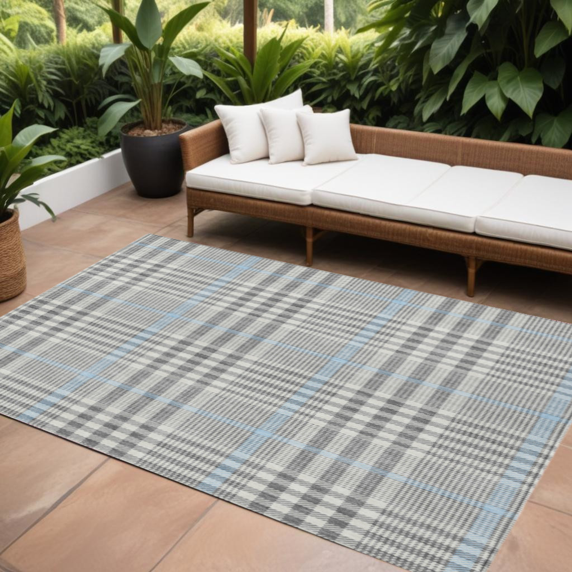 8' X 10' Gray Blue And Beige Plaid Washable Indoor Outdoor Area Rug Sports & Outdoor