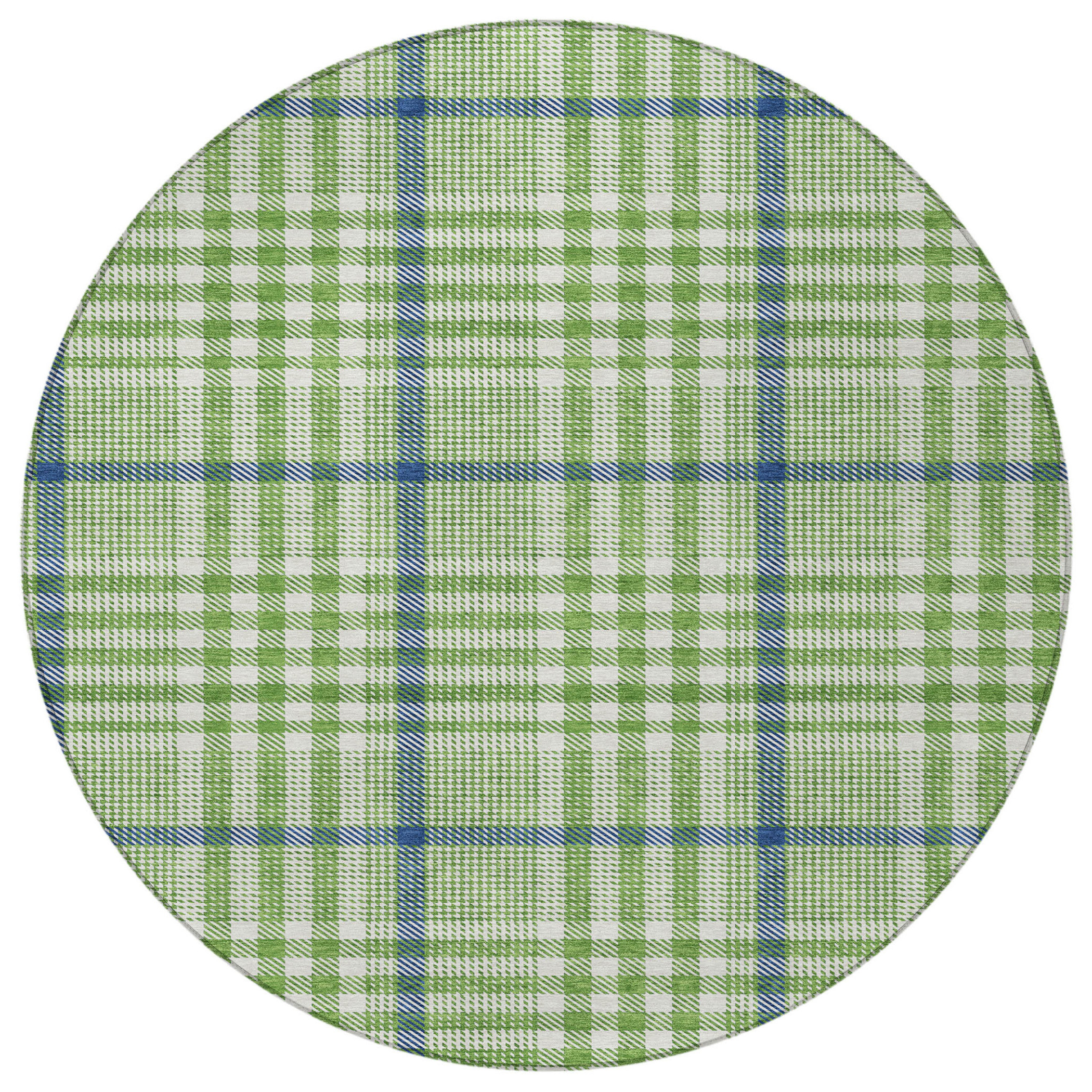 8' Green And Ivory Round Plaid Washable Indoor Outdoor Area Rug Sports & Outdoor