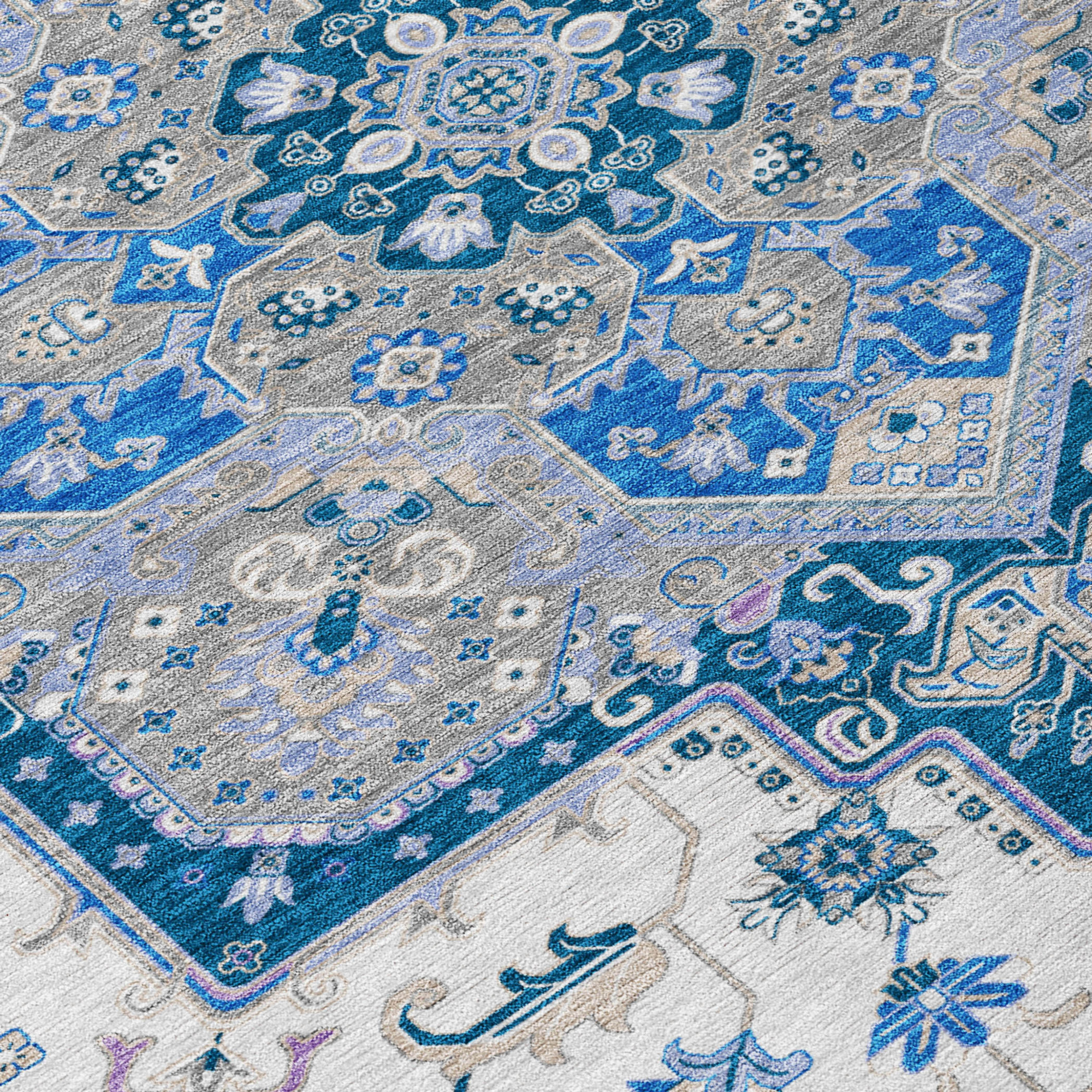 8' Blue Gray And Ivory Round Oriental Washable Indoor Outdoor Area Rug Sports & Outdoor