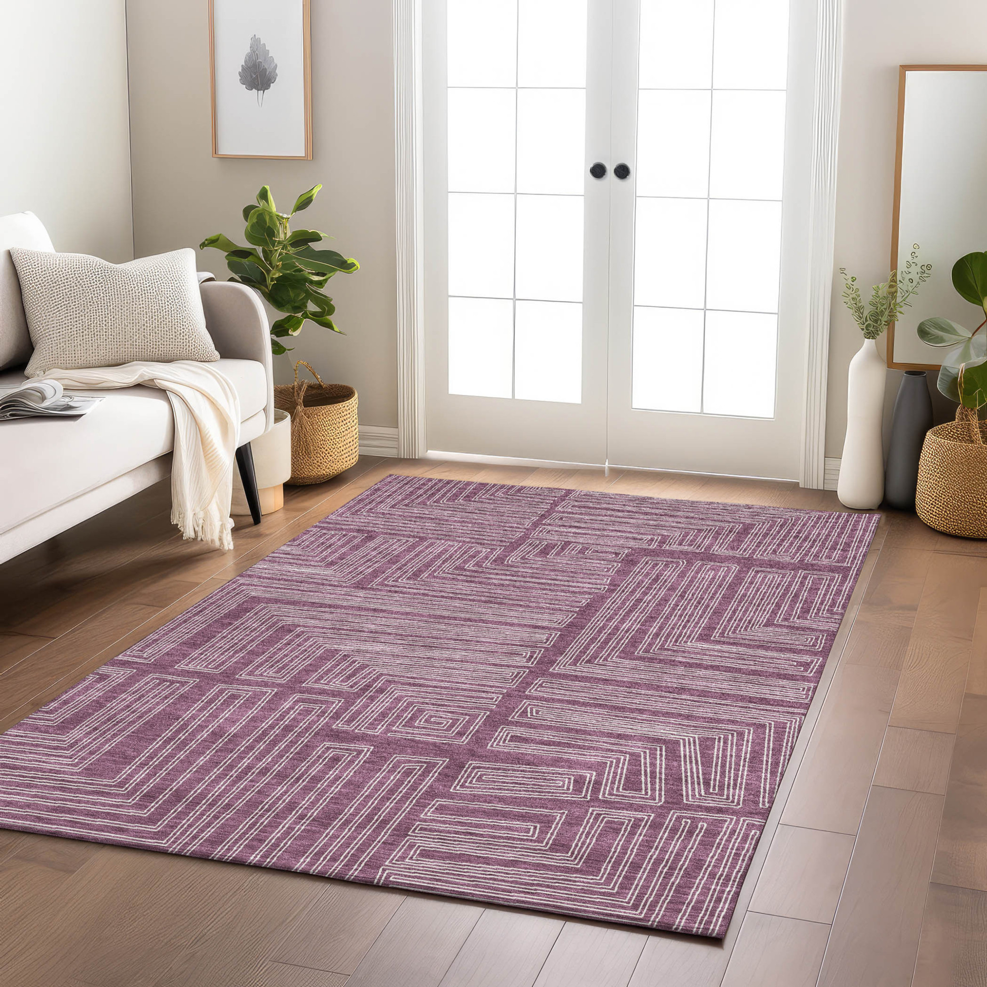 8' X 10' Eggplant And Ivory Geometric Washable Indoor Outdoor Area Rug Sports & Outdoor