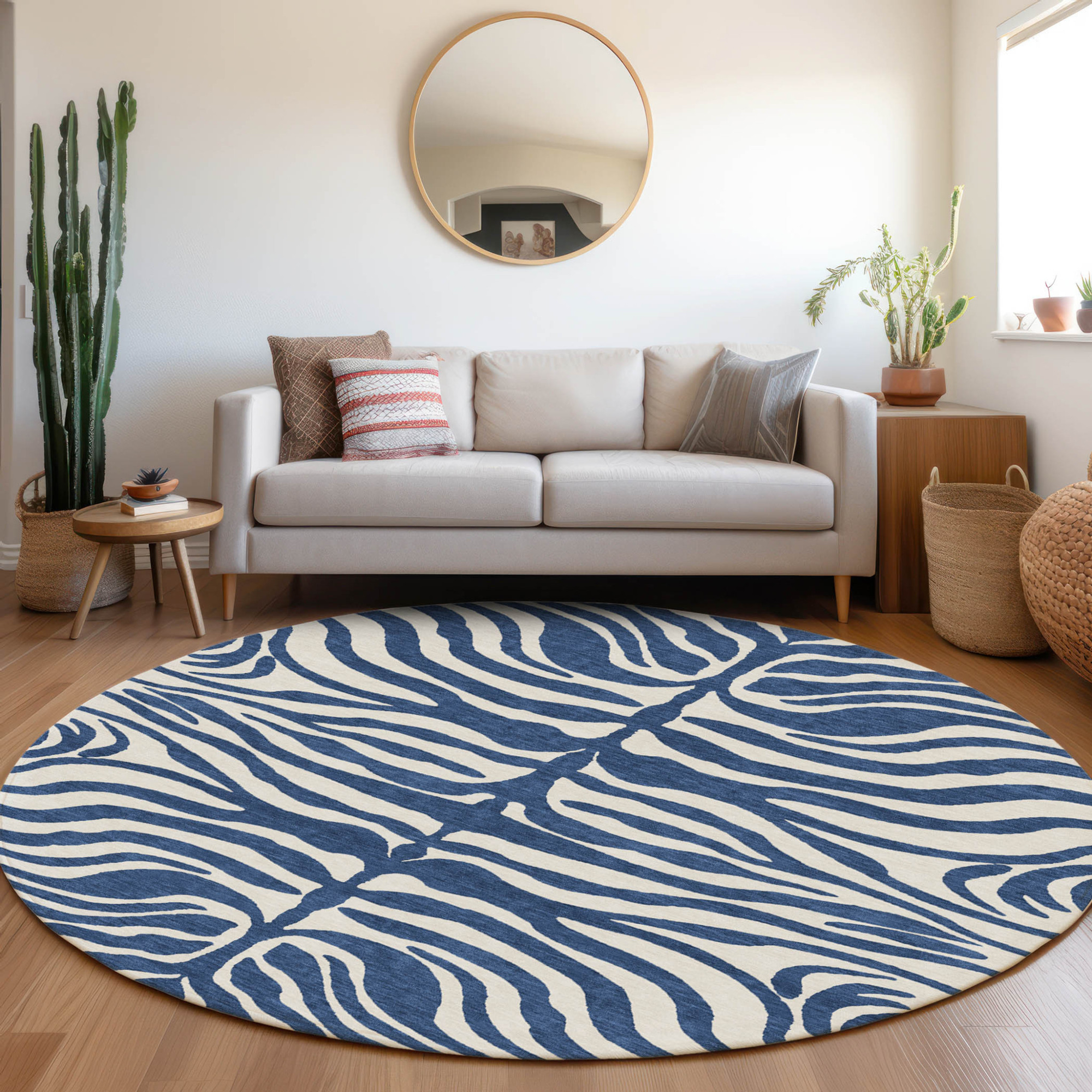 8' Navy Blue And Ivory Round Animal Print Washable Indoor Outdoor Area Rug Sports & Outdoor