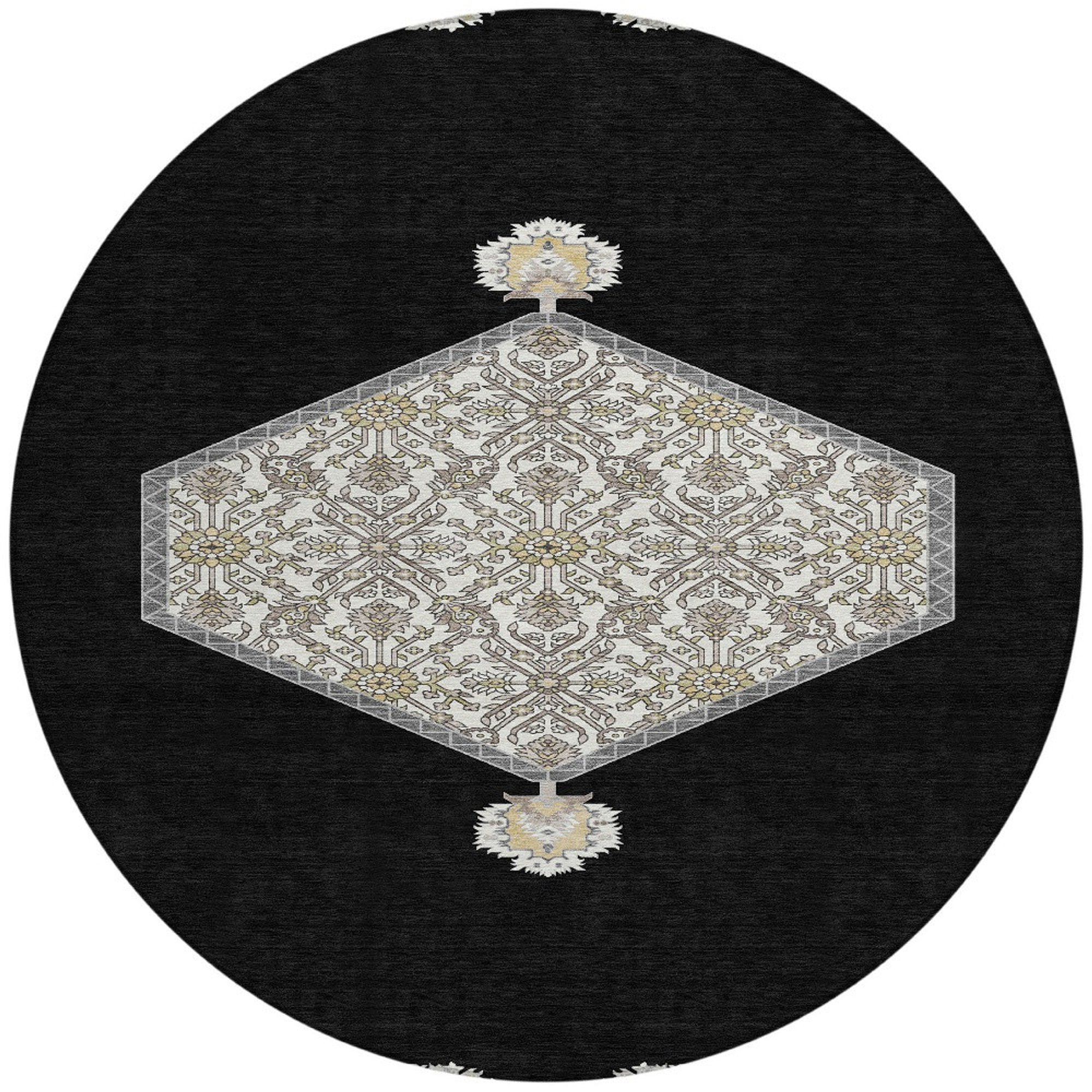 8' Black Gray And Ivory Round Oriental Washable Indoor Outdoor Area Rug Sports & Outdoor