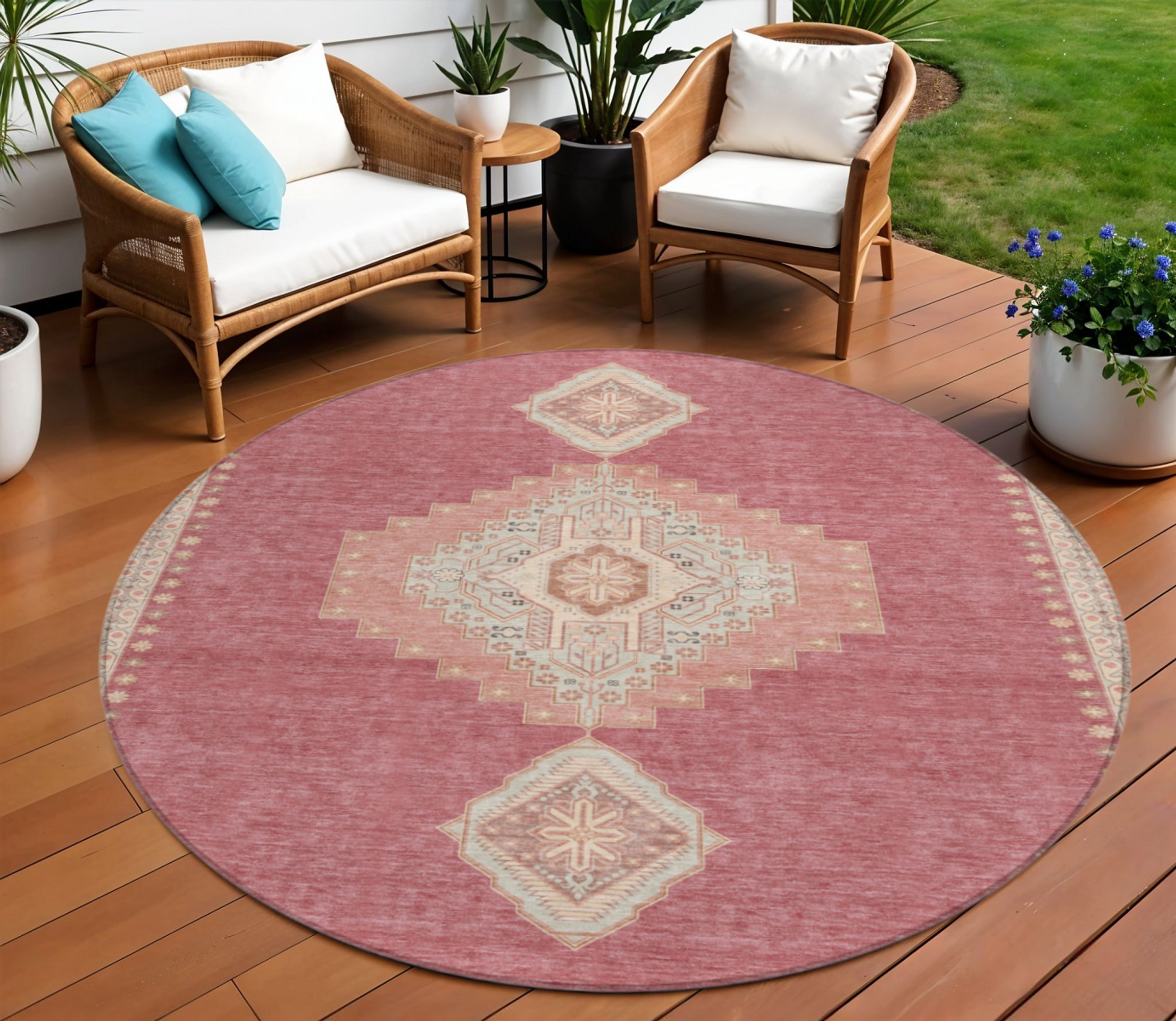 8' Blush Gray And Beige Round Oriental Washable Indoor Outdoor Area Rug Sports & Outdoor