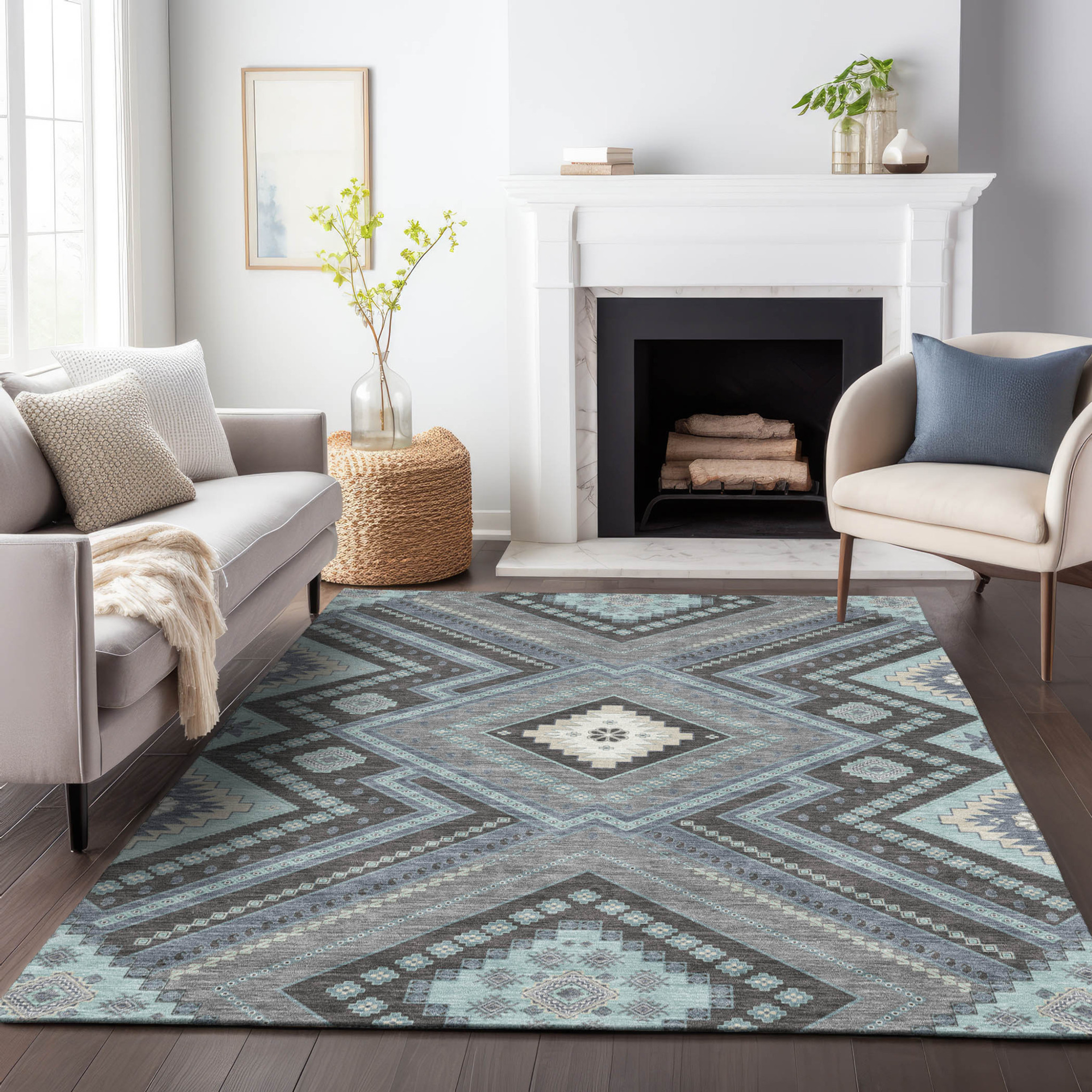 8' X 10' Pewter Charcoal And Sky Blue Tribal Washable Indoor Outdoor Area Rug Sports & Outdoor