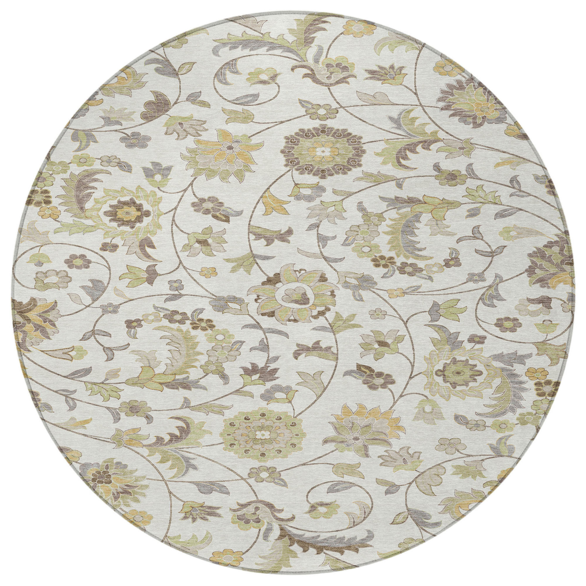 8' Ivory Brown And Green Round Floral Washable Indoor Outdoor Area Rug Sports & Outdoor