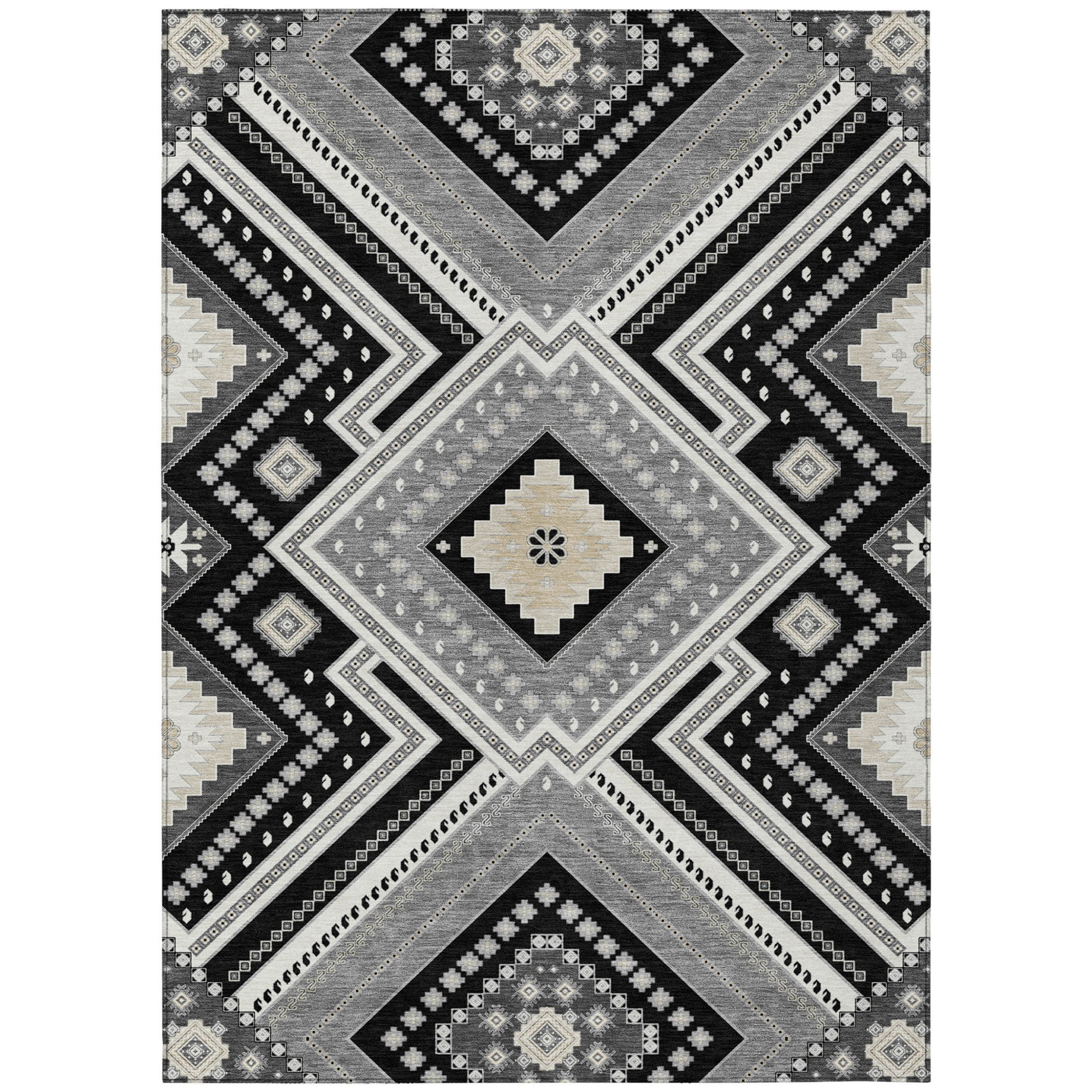 8' X 10' Black Gray And Ivory Tribal Washable Indoor Outdoor Area Rug Sports & Outdoor