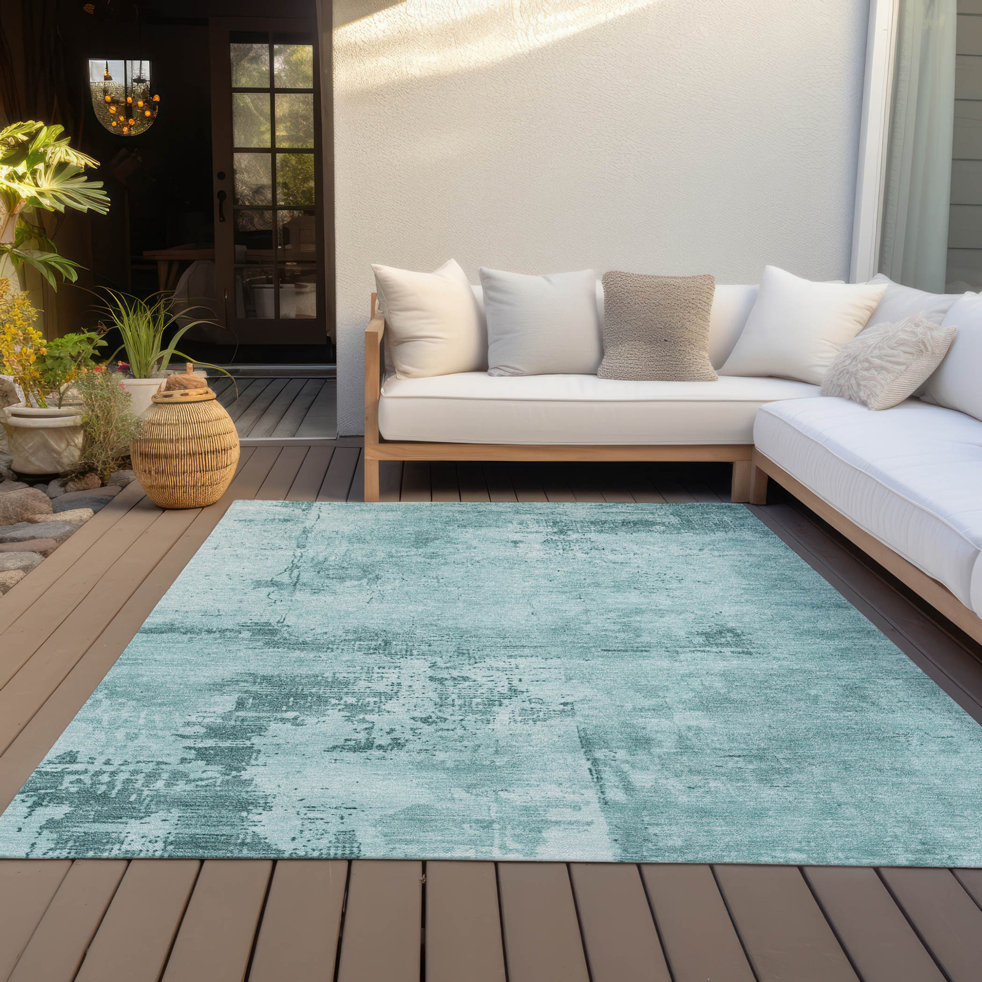 8' X 10' Blue And Ivory Abstract Washable Indoor Outdoor Area Rug Sports & Outdoor