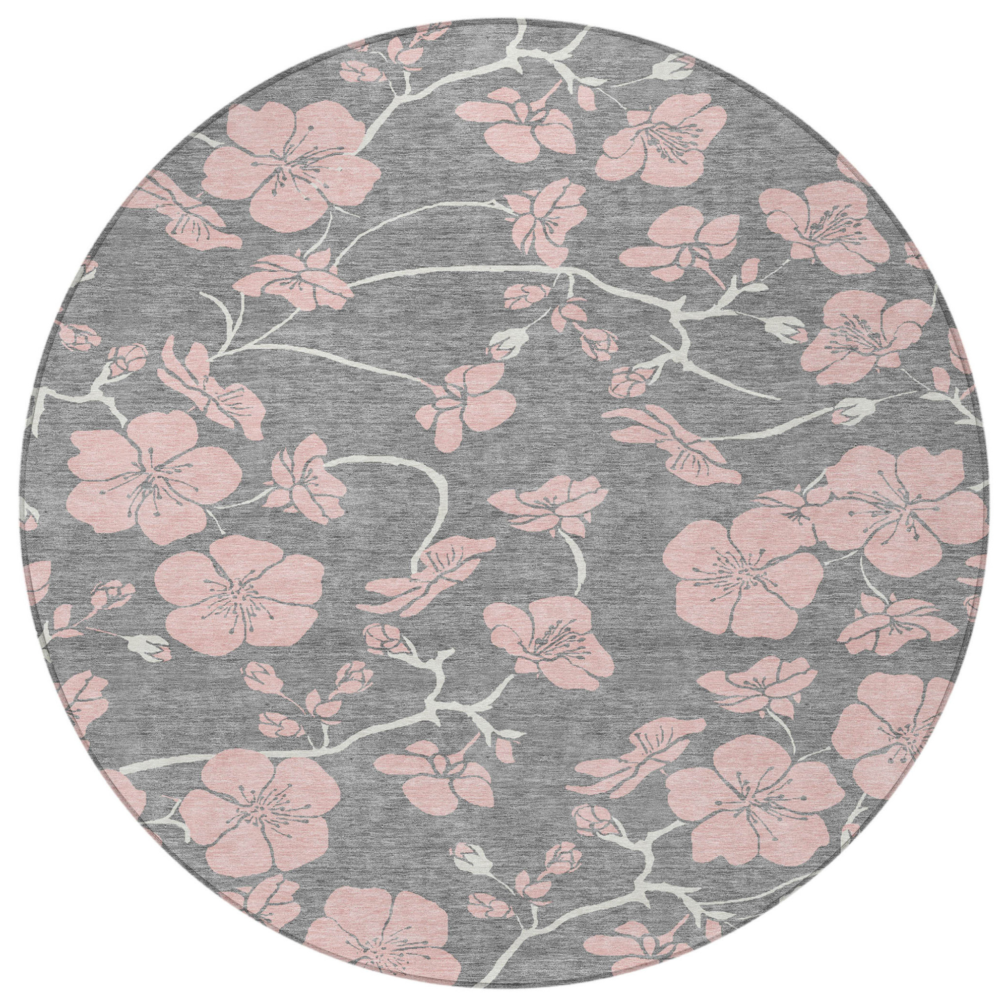 8' Gray Pink And Ivory Round Floral Washable Indoor Outdoor Area Rug Sports & Outdoor