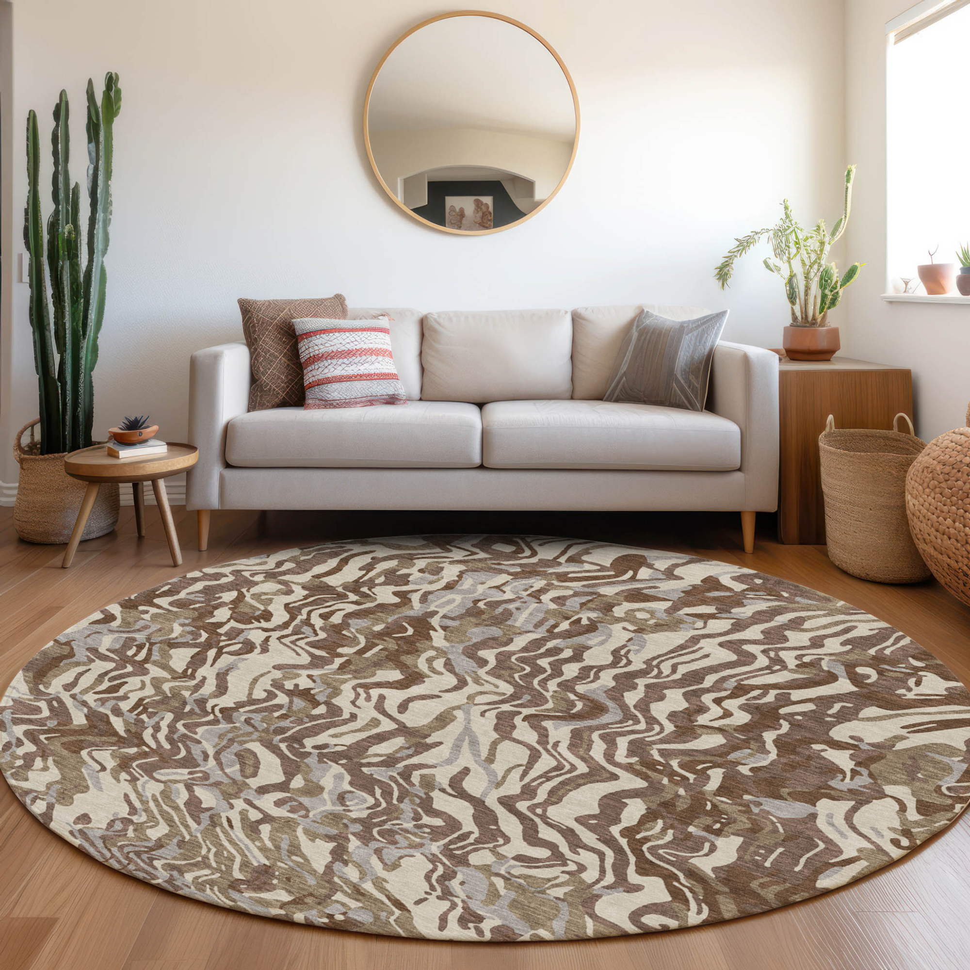 8' Brown Beige And Gray Round Abstract Washable Indoor Outdoor Area Rug Sports & Outdoor