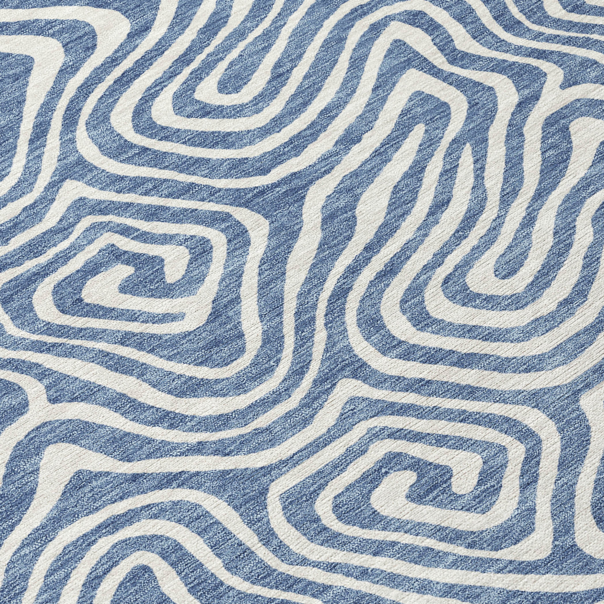 8' Denim Blue And Ivory Round Abstract Washable Indoor Outdoor Area Rug Sports & Outdoor
