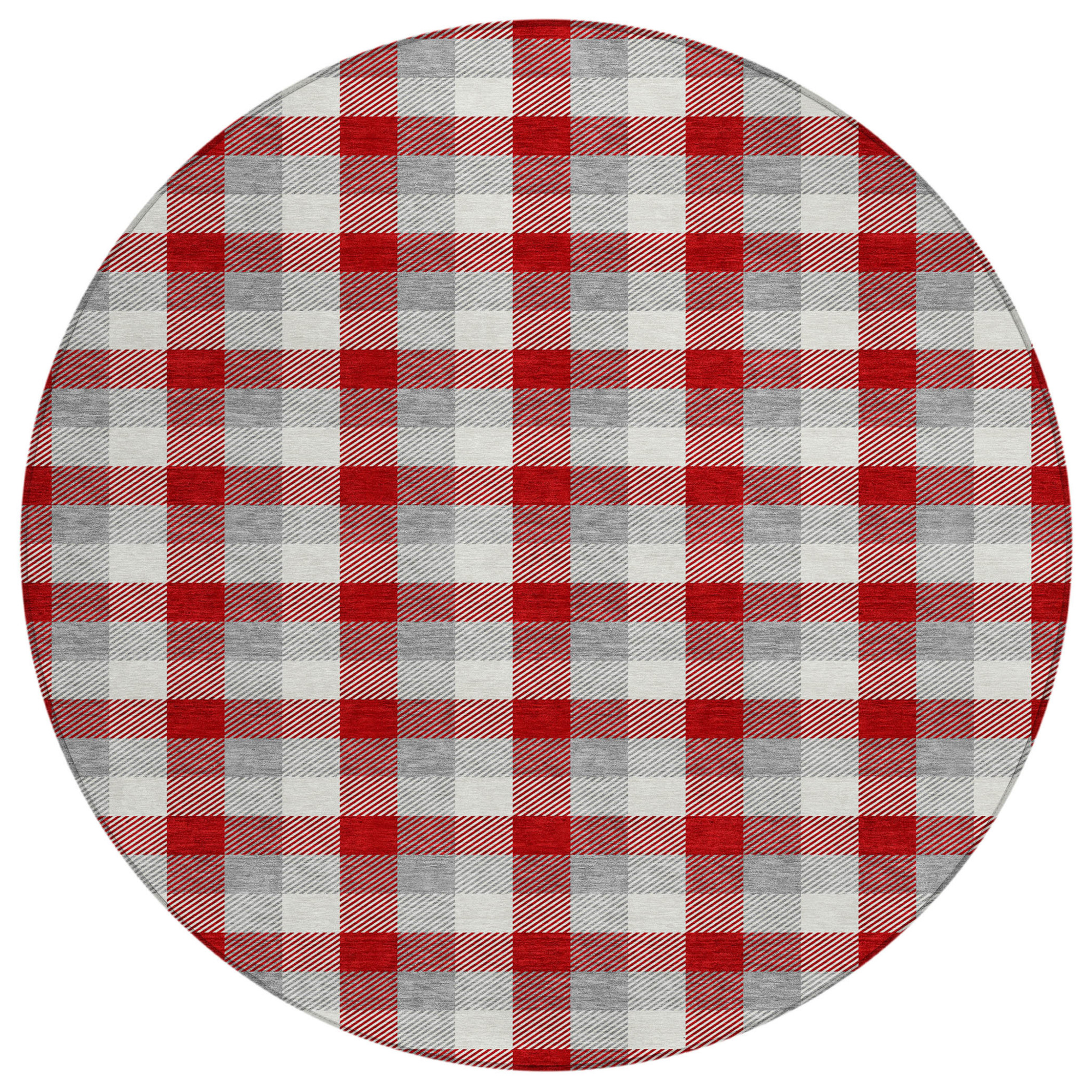 8' Red Gray And Beige Round Plaid Washable Indoor Outdoor Area Rug Sports & Outdoor
