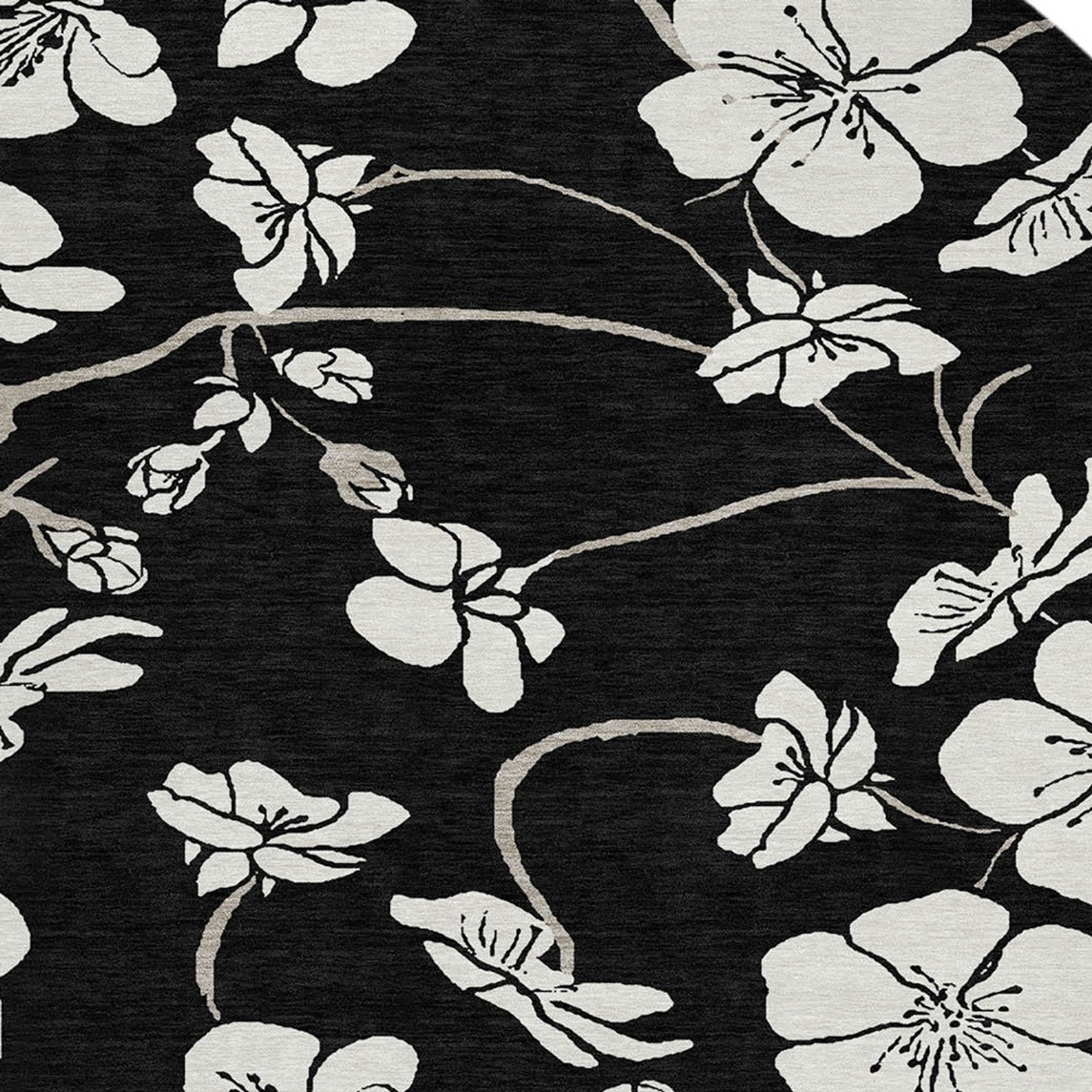 8' Black Ivory And Gray Round Floral Washable Indoor Outdoor Area Rug Sports & Outdoor