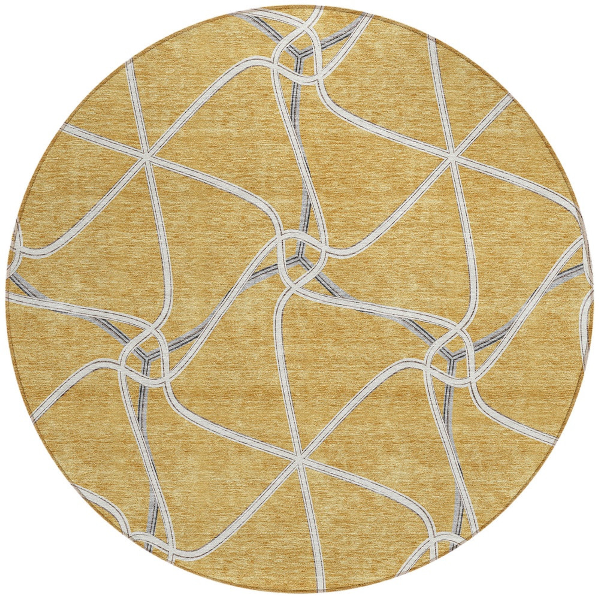 8' Gold And Ivory Round Geometric Washable Indoor Outdoor Area Rug Sports & Outdoor