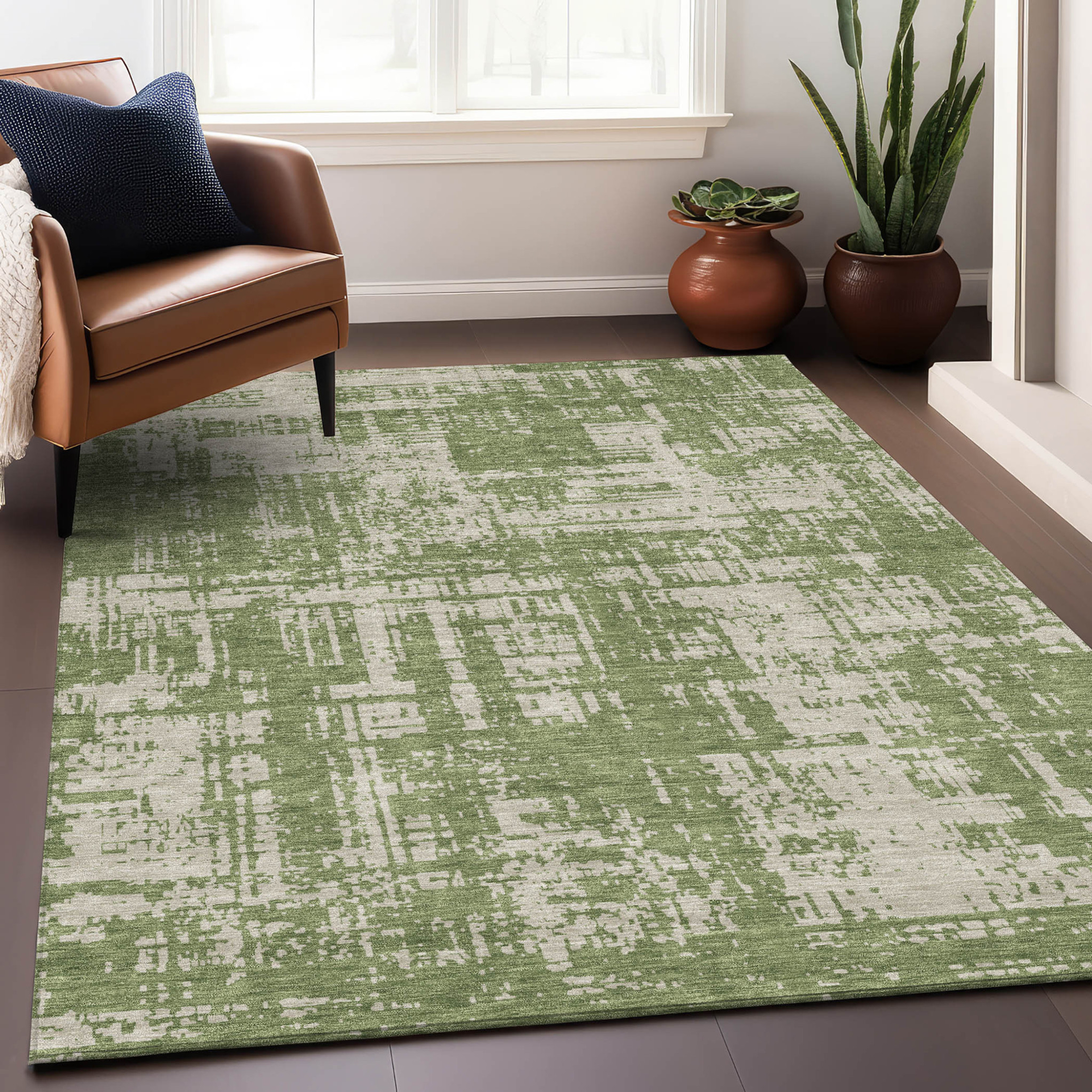 5' X 8' Green And Beige Abstract Washable Indoor Outdoor Area Rug Sports & Outdoor