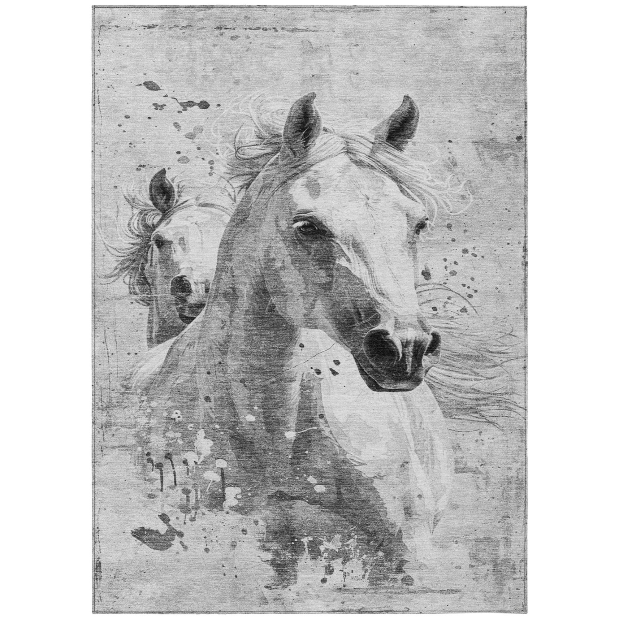 8' X 10' Gray And Silver Horse Washable Indoor Outdoor Area Rug Sports & Outdoor