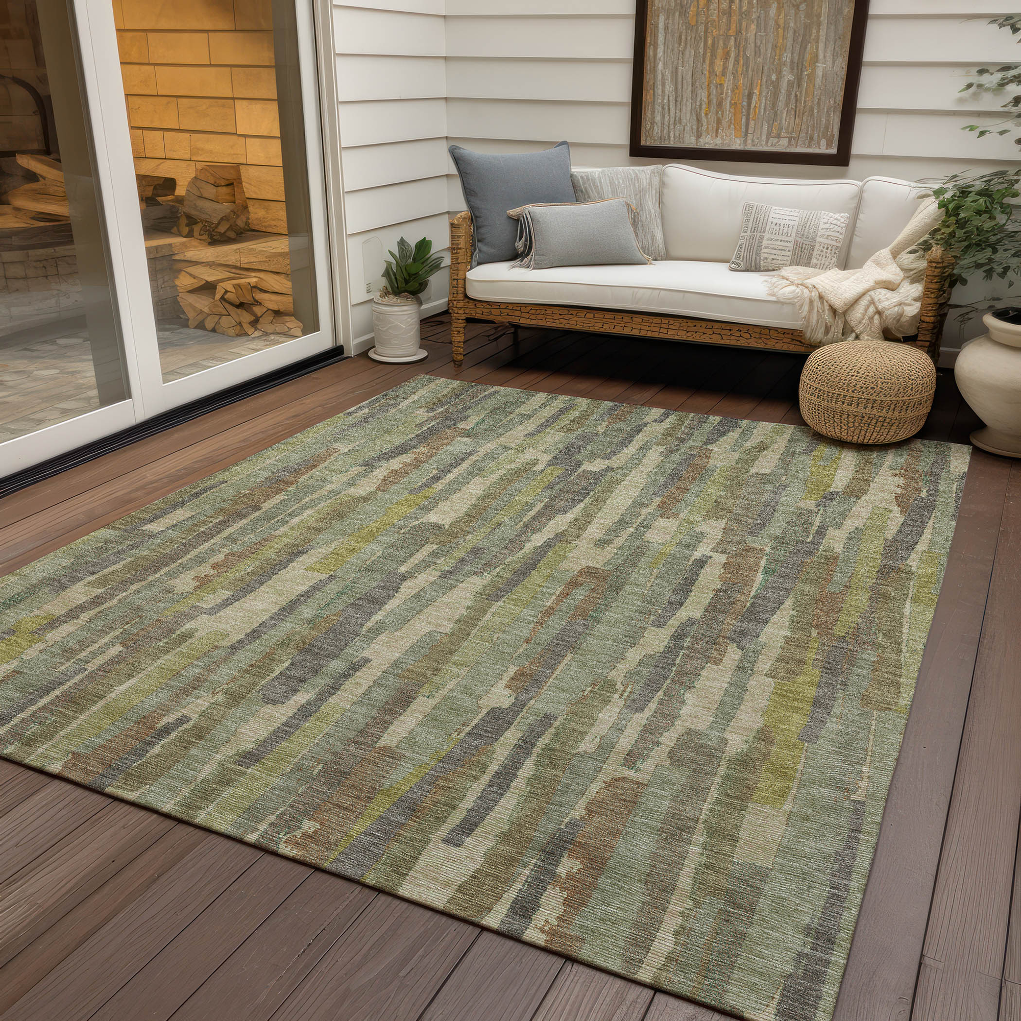 10' X 14' Artichoke Green And Ivory Striped Washable Indoor Outdoor Area Rug - Sports & Outdoor