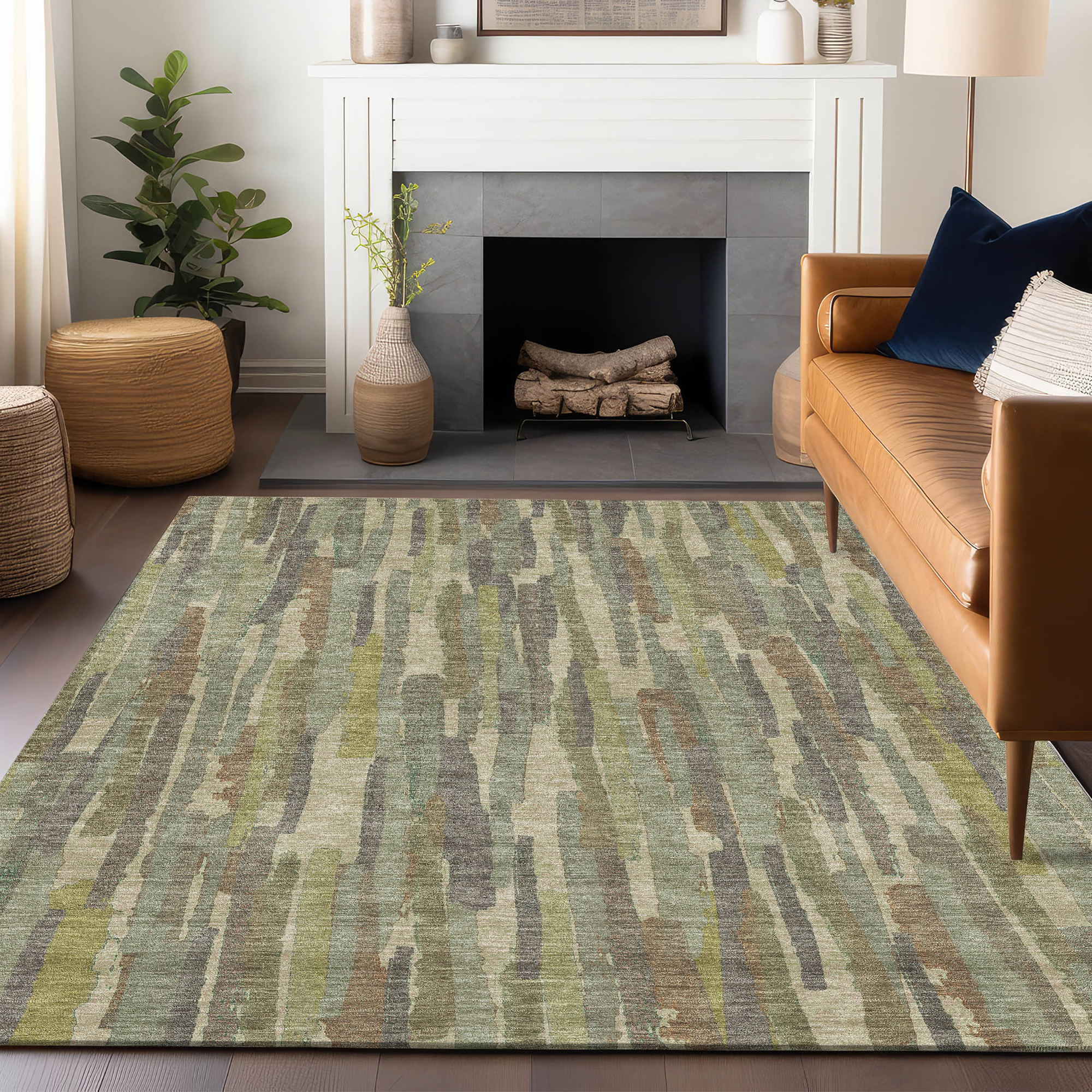 10' X 14' Artichoke Green And Ivory Striped Washable Indoor Outdoor Area Rug - Sports & Outdoor