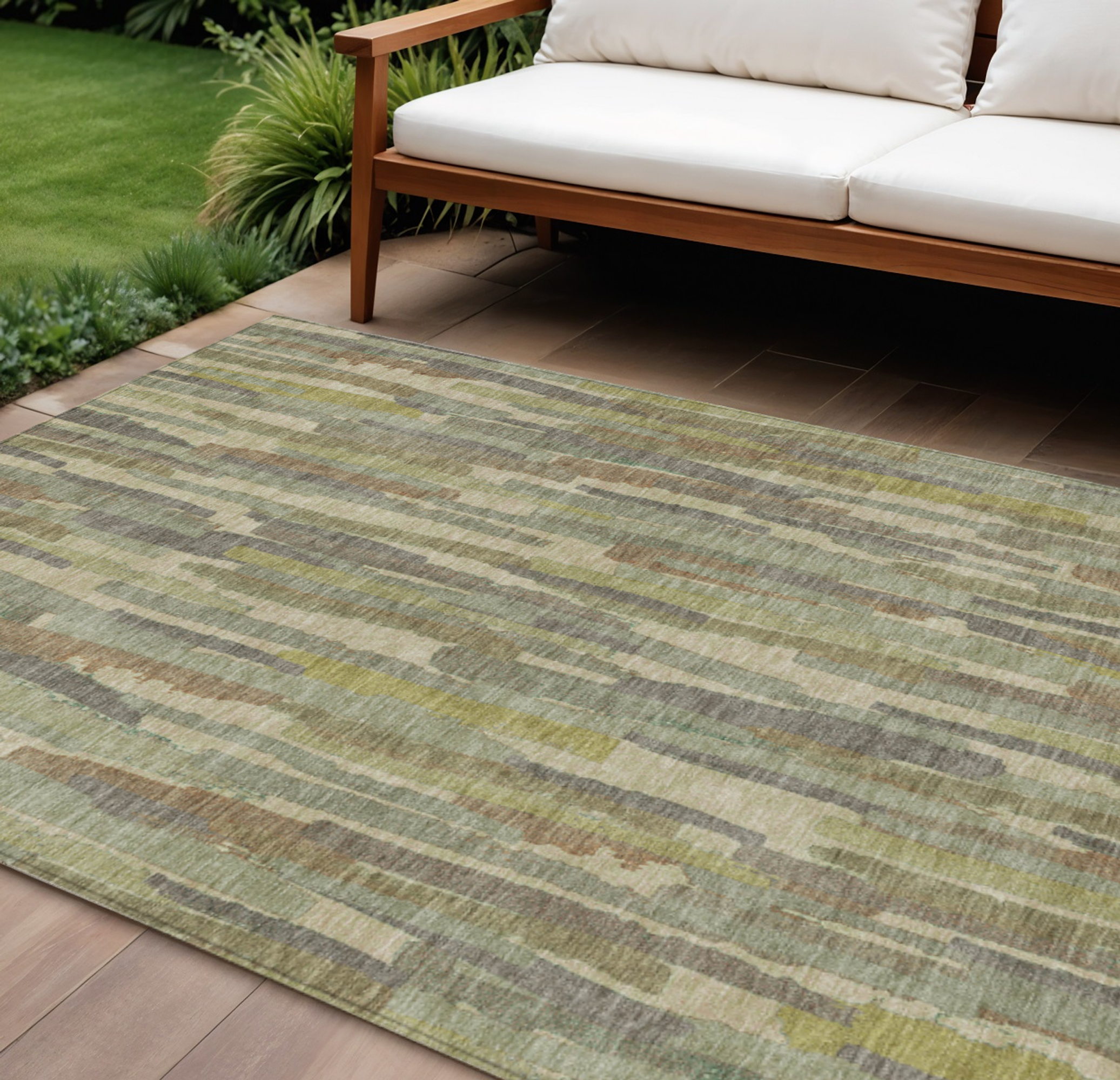 10' X 14' Artichoke Green And Ivory Striped Washable Indoor Outdoor Area Rug - Sports & Outdoor