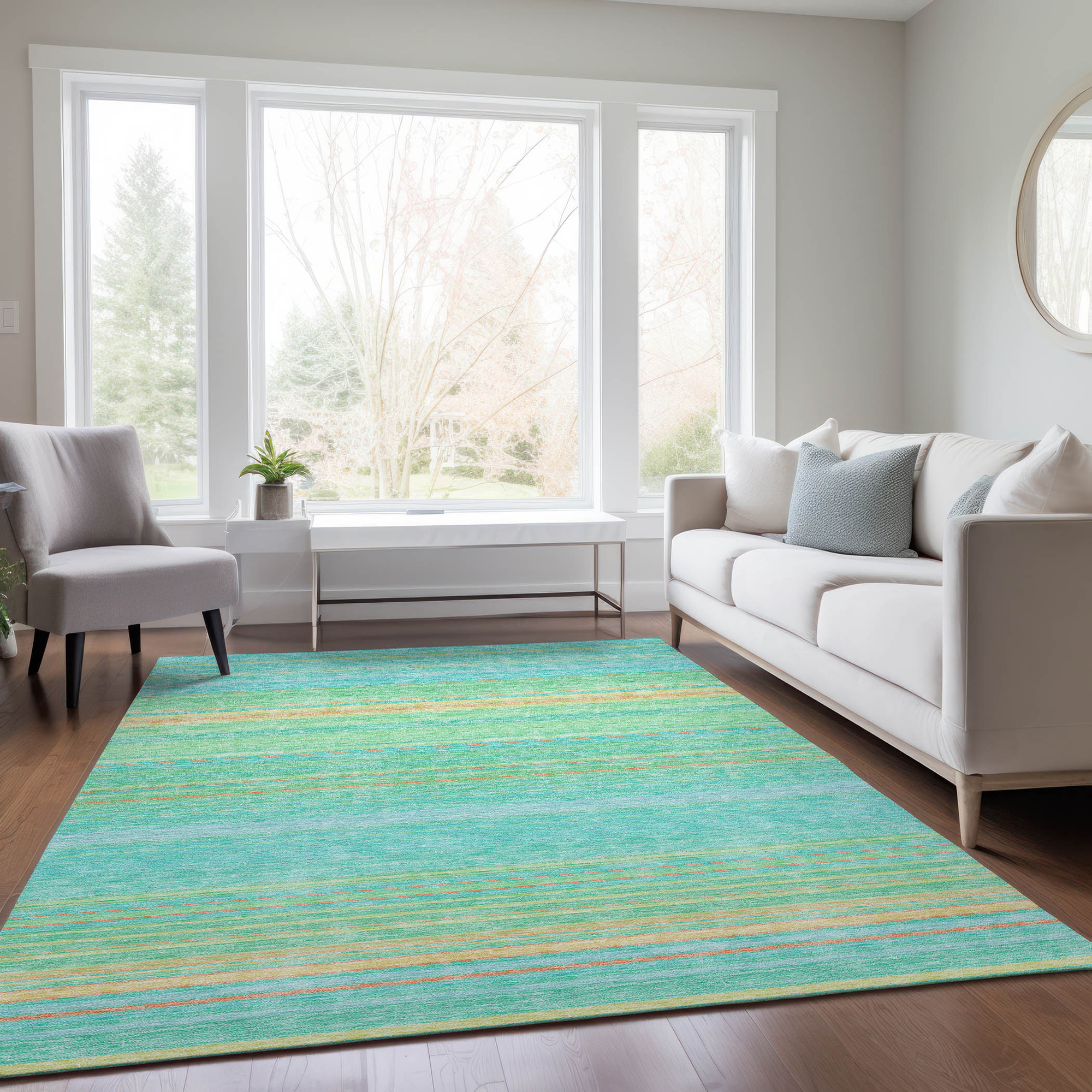 10' X 14' Aqua Green And Yellow Striped Washable Indoor Outdoor Area Rug - Sports & Outdoor