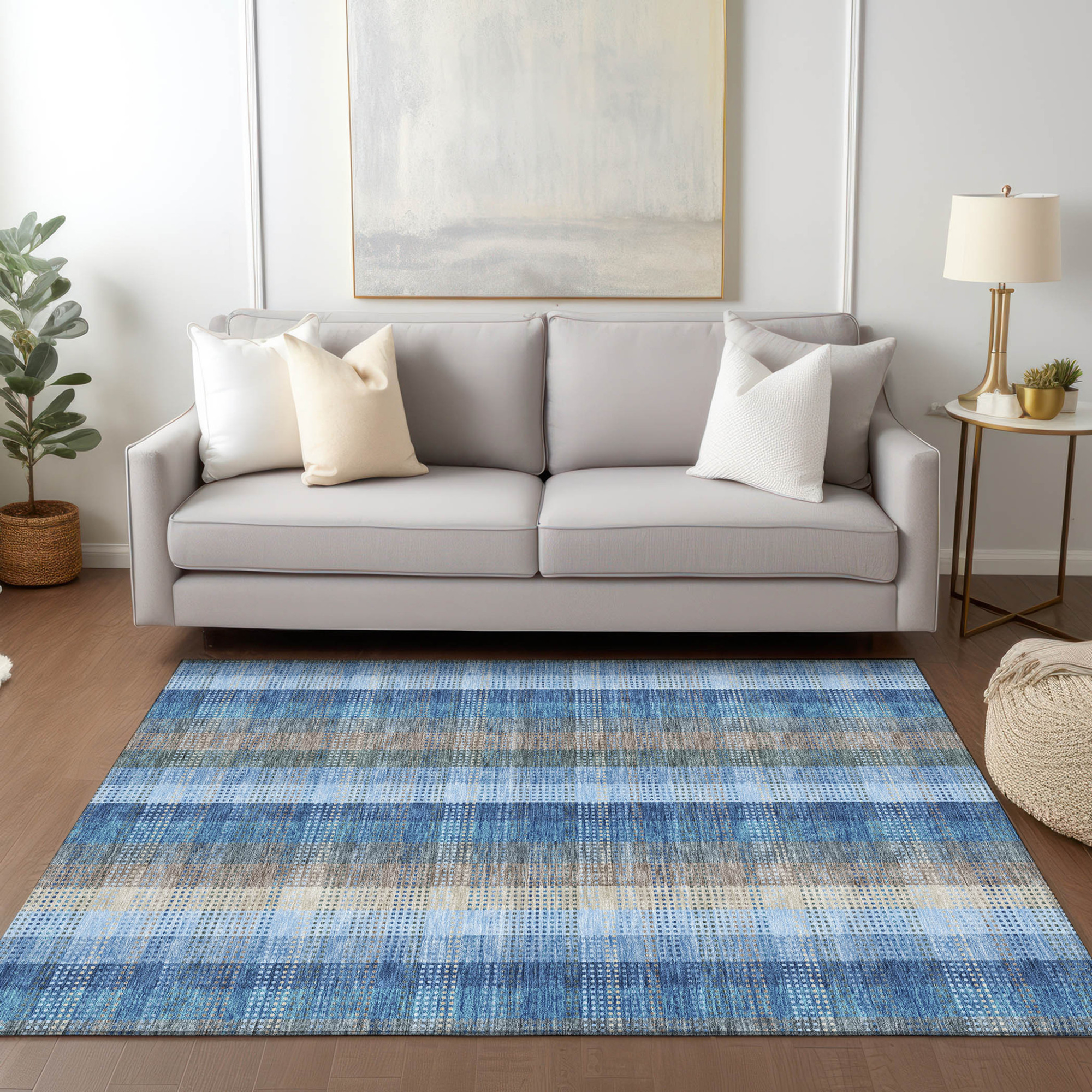 10' X 14' Denim Blue Sky Blue And Beige Plaid Washable Indoor Outdoor Area Rug - Sports & Outdoor
