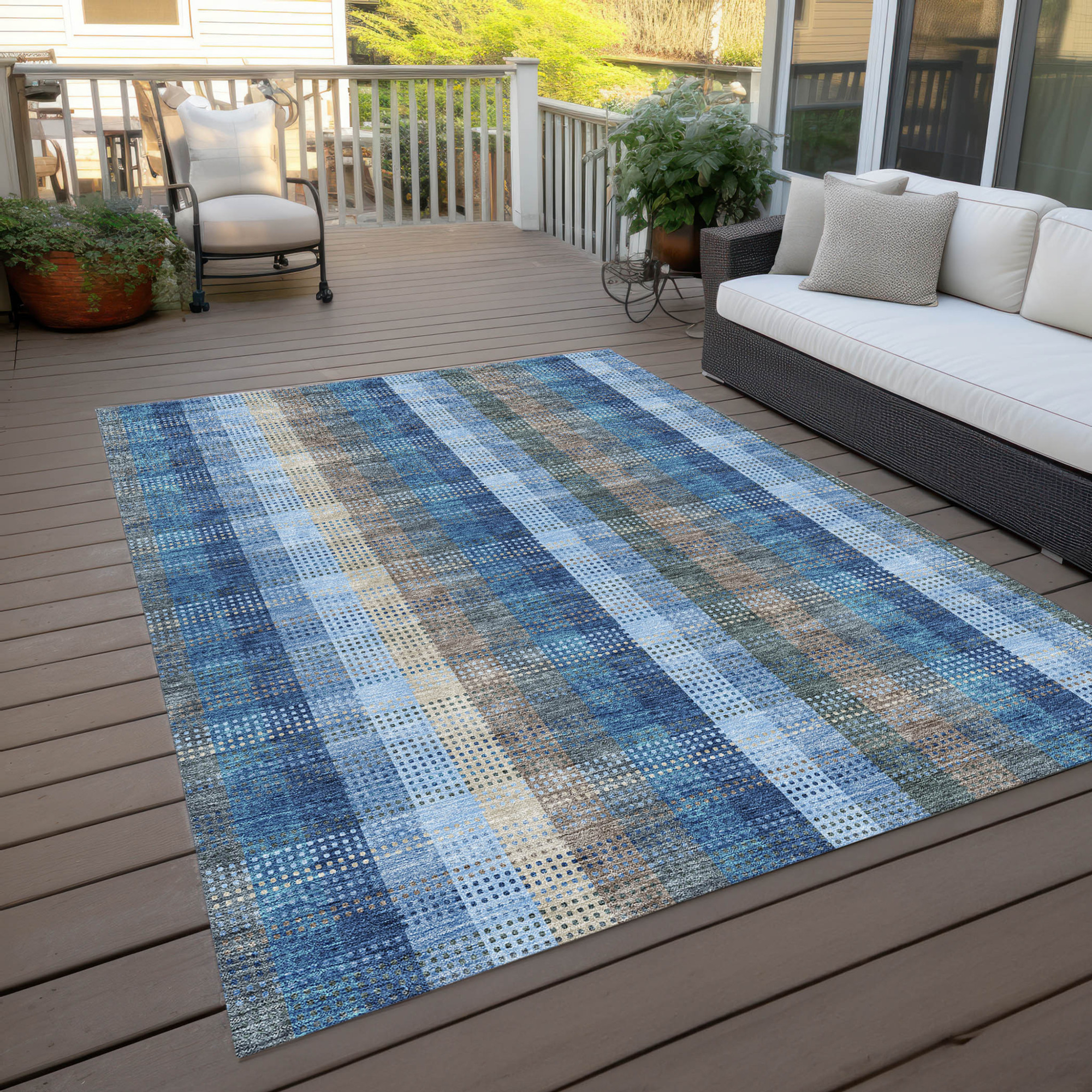 10' X 14' Denim Blue Sky Blue And Beige Plaid Washable Indoor Outdoor Area Rug - Sports & Outdoor