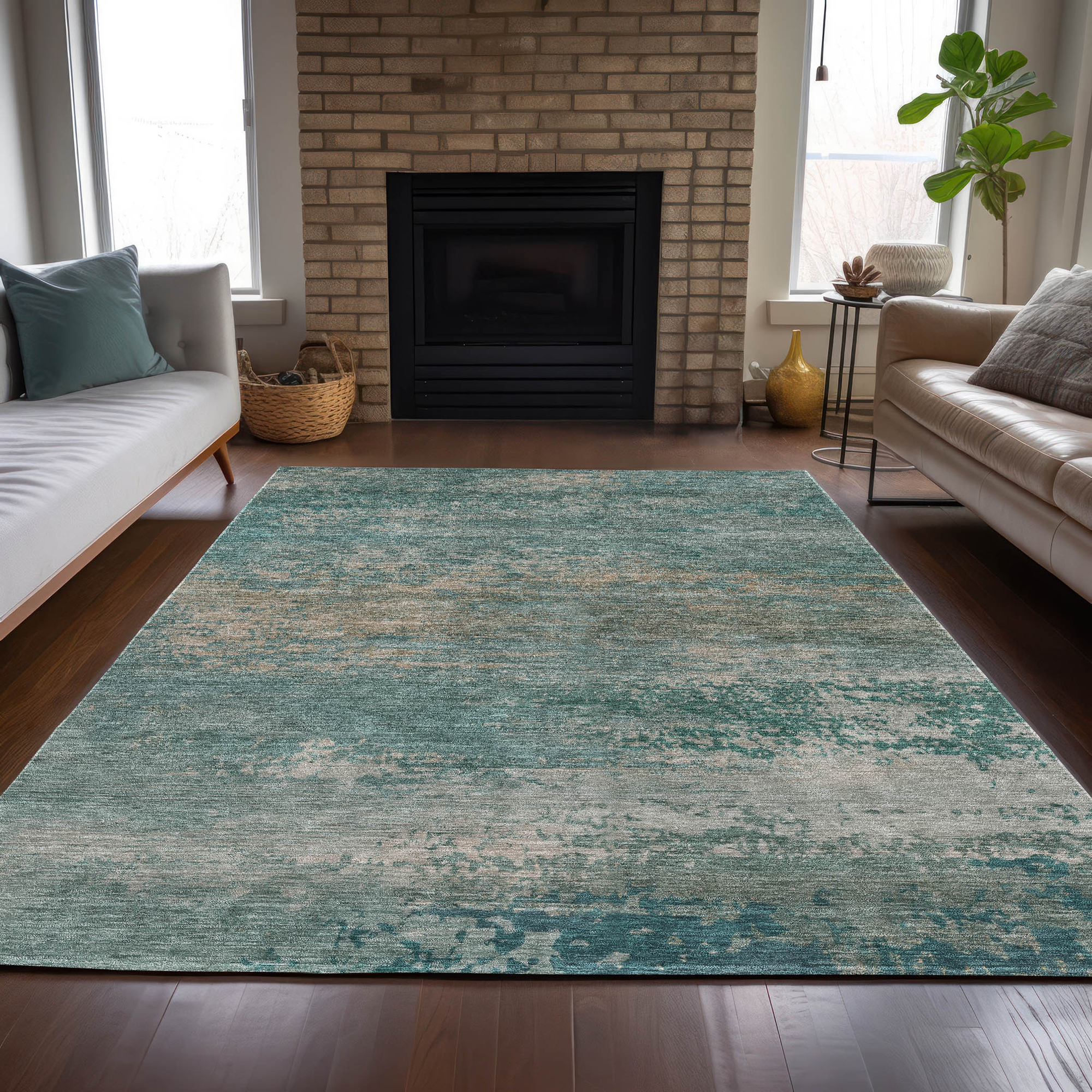 10' X 14' Aqua And Beige Abstract Washable Indoor Outdoor Area Rug - Sports & Outdoor