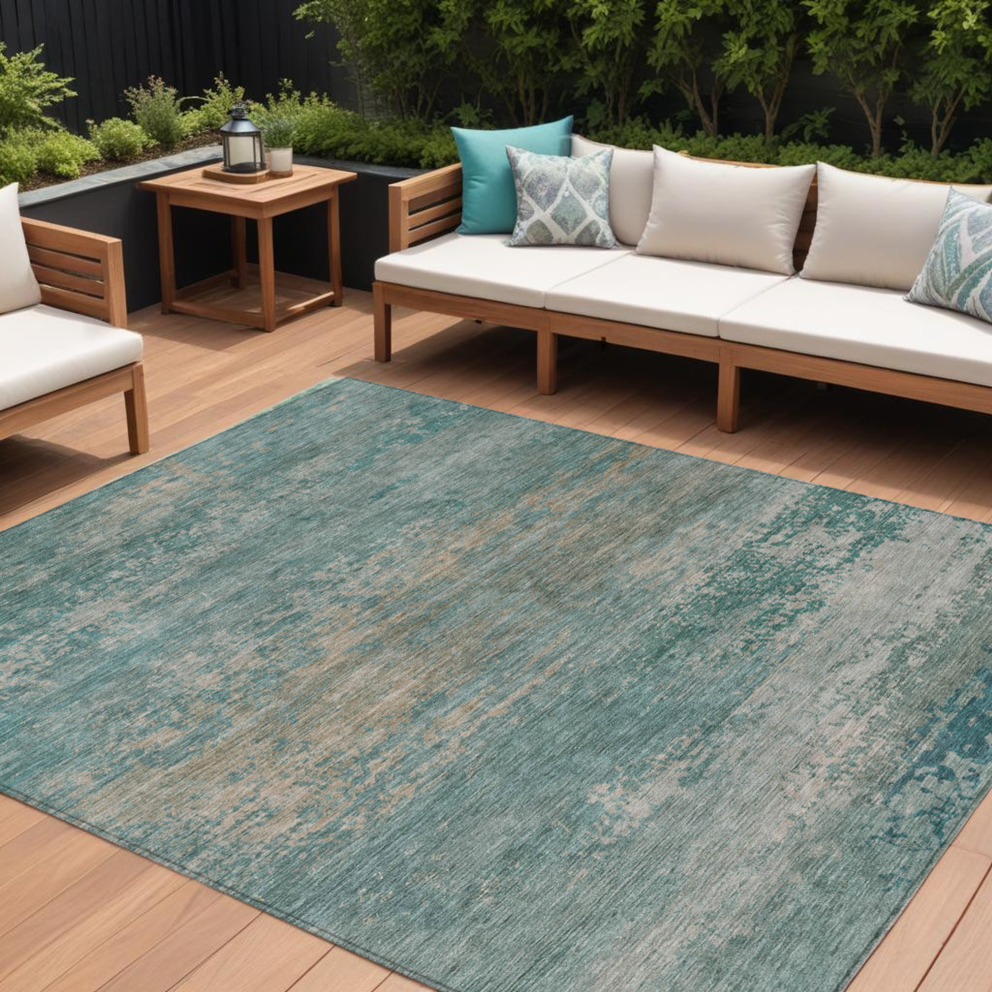 10' X 14' Aqua And Beige Abstract Washable Indoor Outdoor Area Rug - Sports & Outdoor
