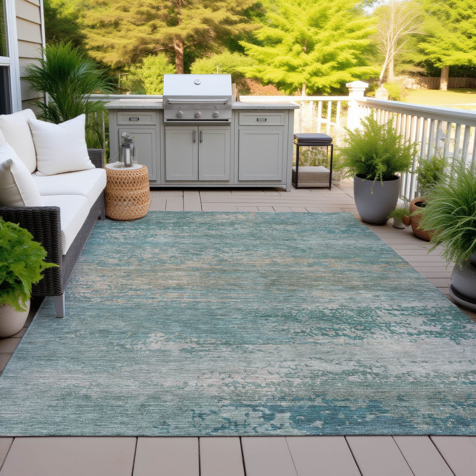 10' X 14' Aqua And Beige Abstract Washable Indoor Outdoor Area Rug - Sports & Outdoor