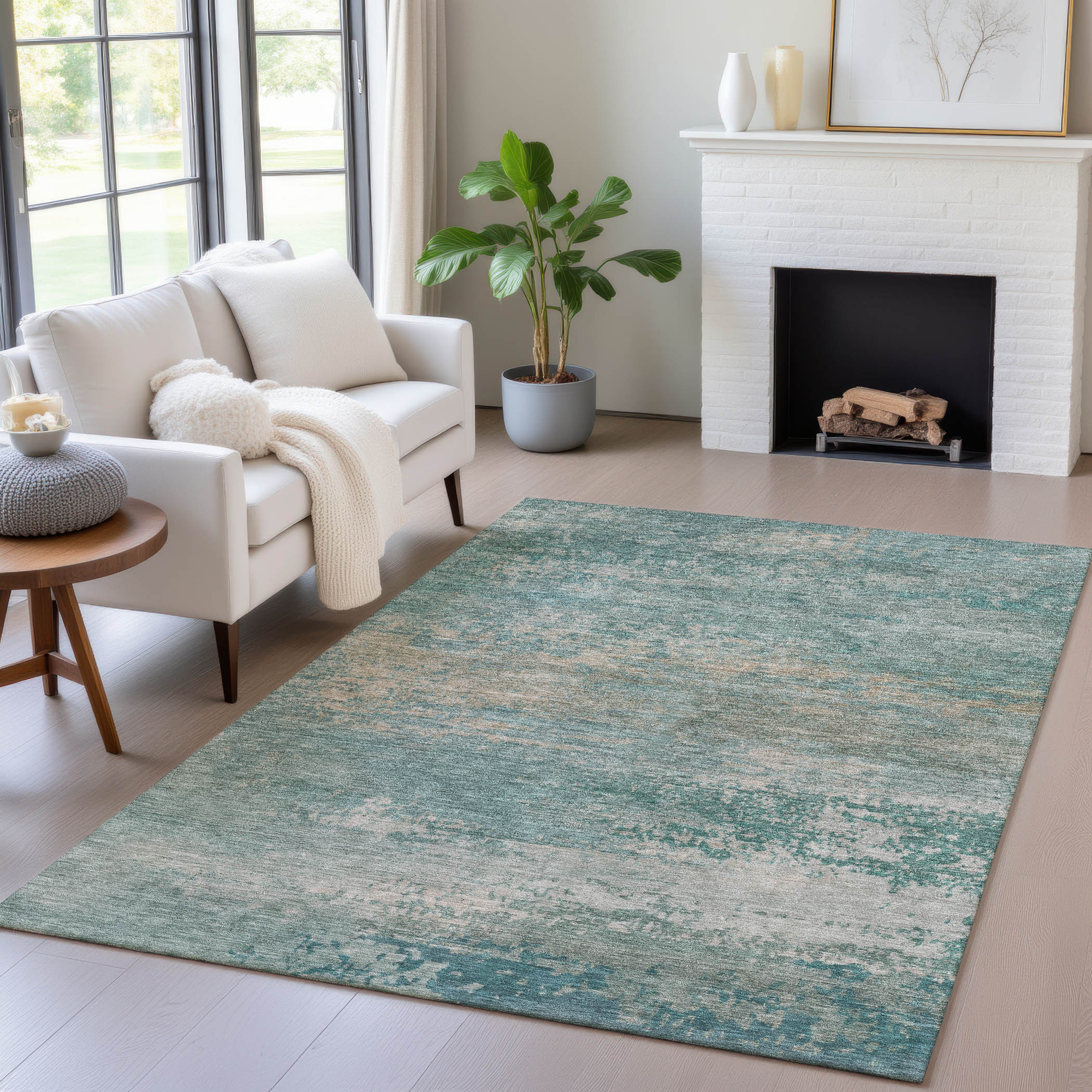 10' X 14' Aqua And Beige Abstract Washable Indoor Outdoor Area Rug - Sports & Outdoor