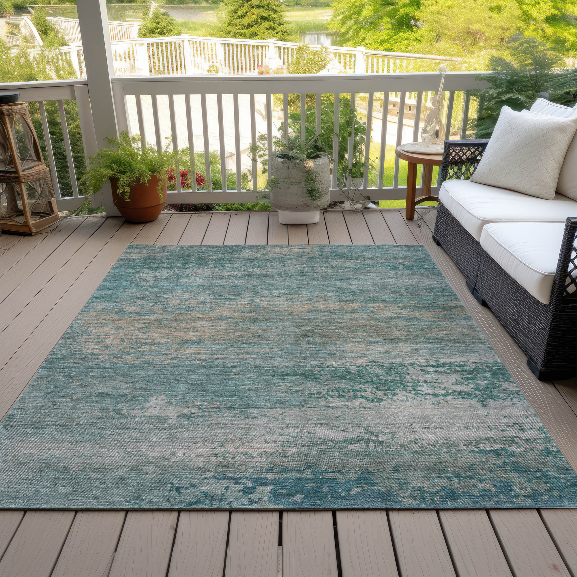 10' X 14' Aqua And Beige Abstract Washable Indoor Outdoor Area Rug - Sports & Outdoor