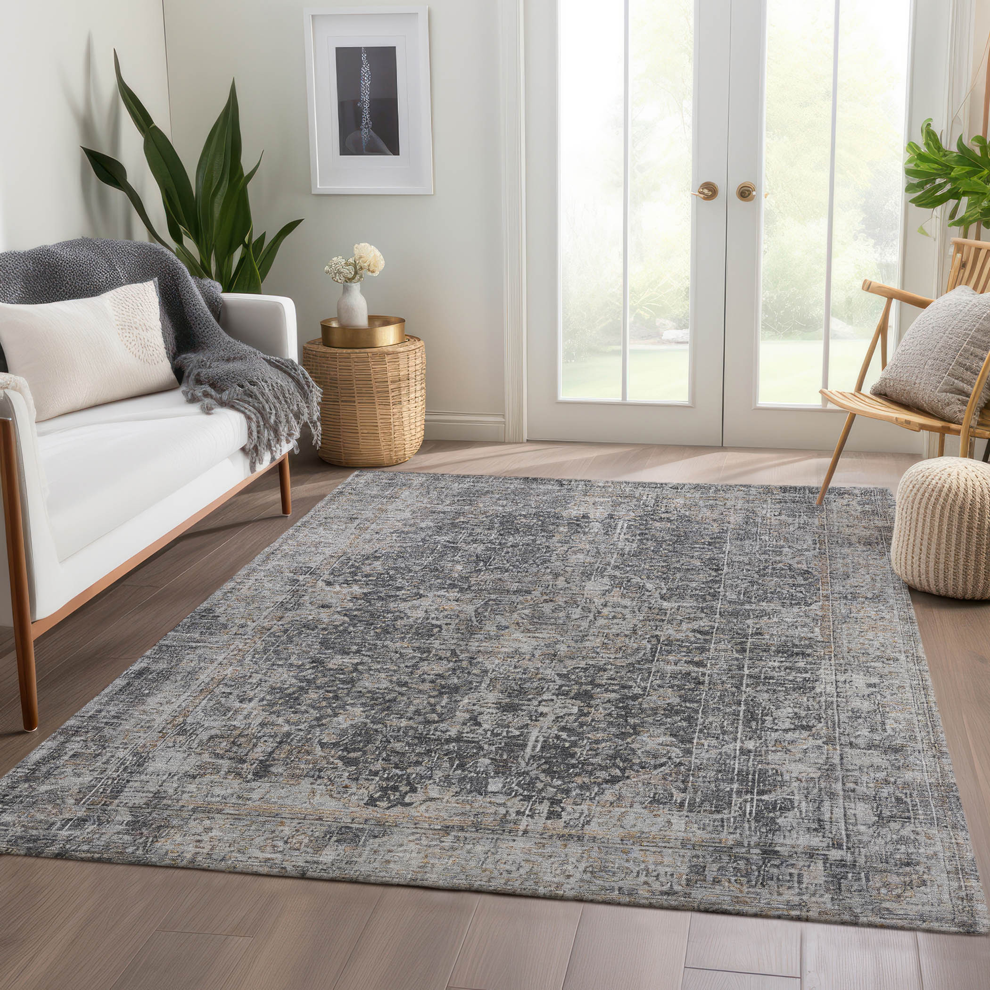 10' X 14' Charcoal And Silver Abstract Washable Indoor Outdoor Area Rug - Sports & Outdoor