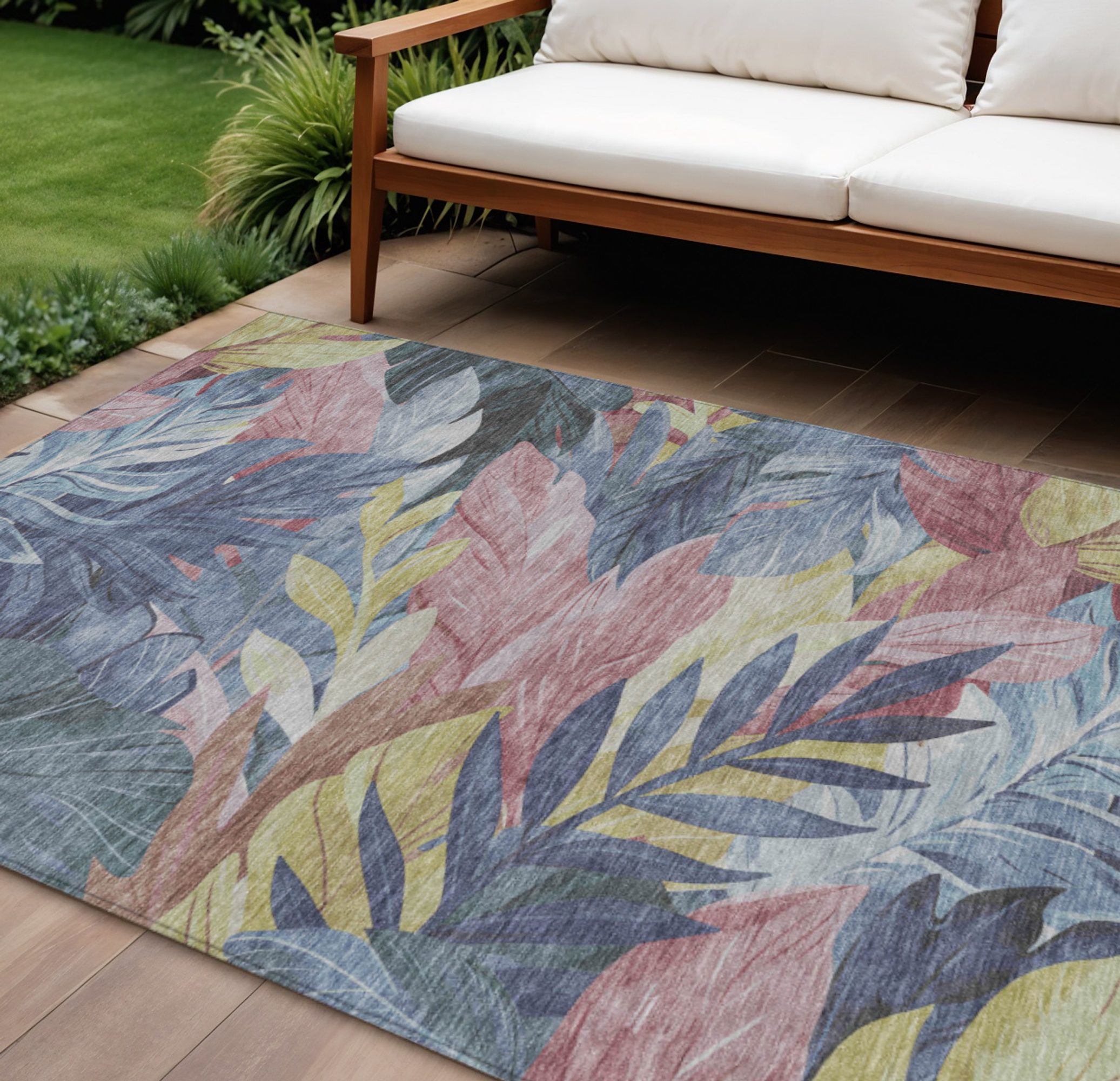 10' X 14' Denim Blue And Blush Floral Washable Indoor Outdoor Area Rug - Sports & Outdoor