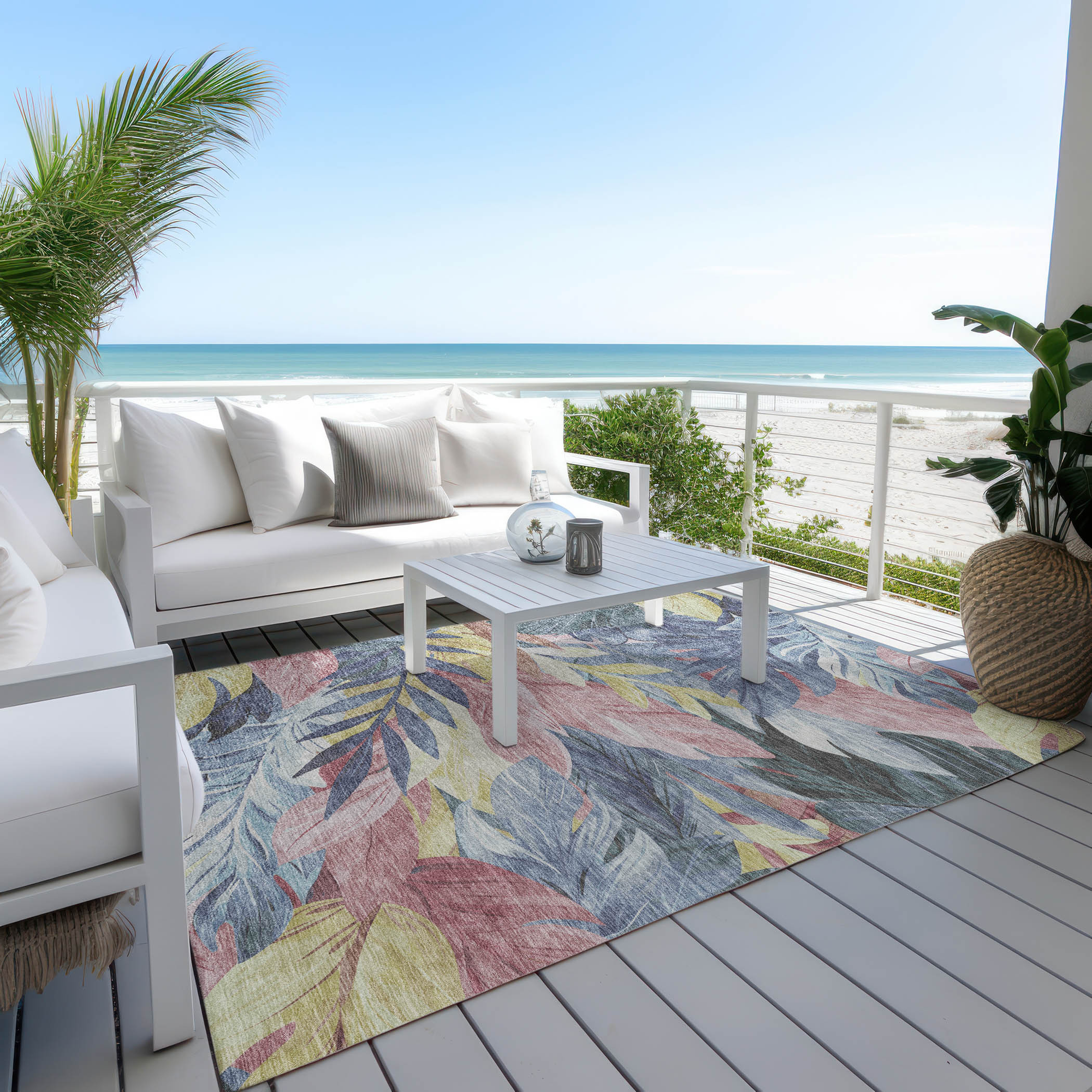 10' X 14' Denim Blue And Blush Floral Washable Indoor Outdoor Area Rug - Sports & Outdoor