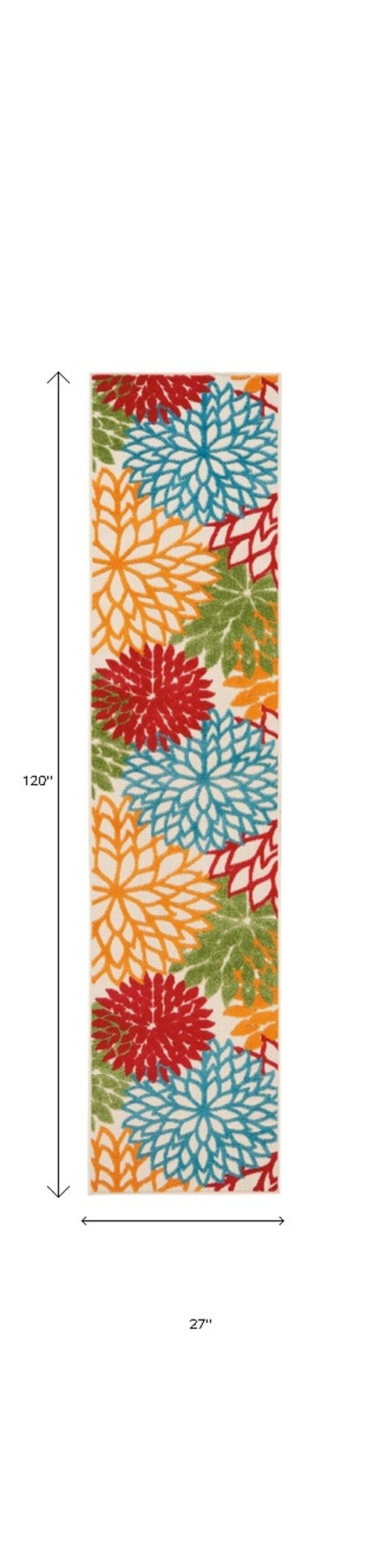 10' Green Orange Ivory And Blue Floral Indoor Outdoor Runner Rug - Sports & Outdoor