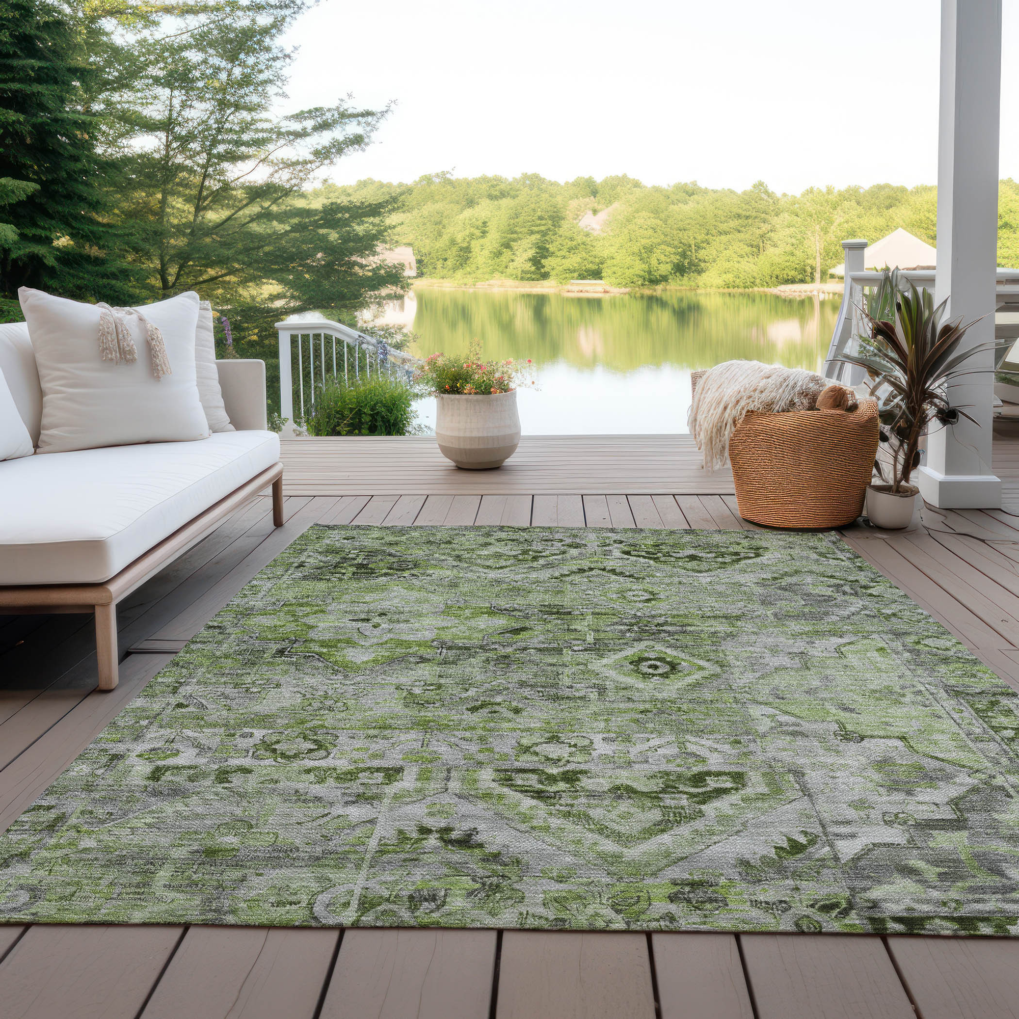 10' X 14' Artichoke Green And Gray Floral Medallion Washable Indoor Outdoor Area Rug - Sports & Outdoor