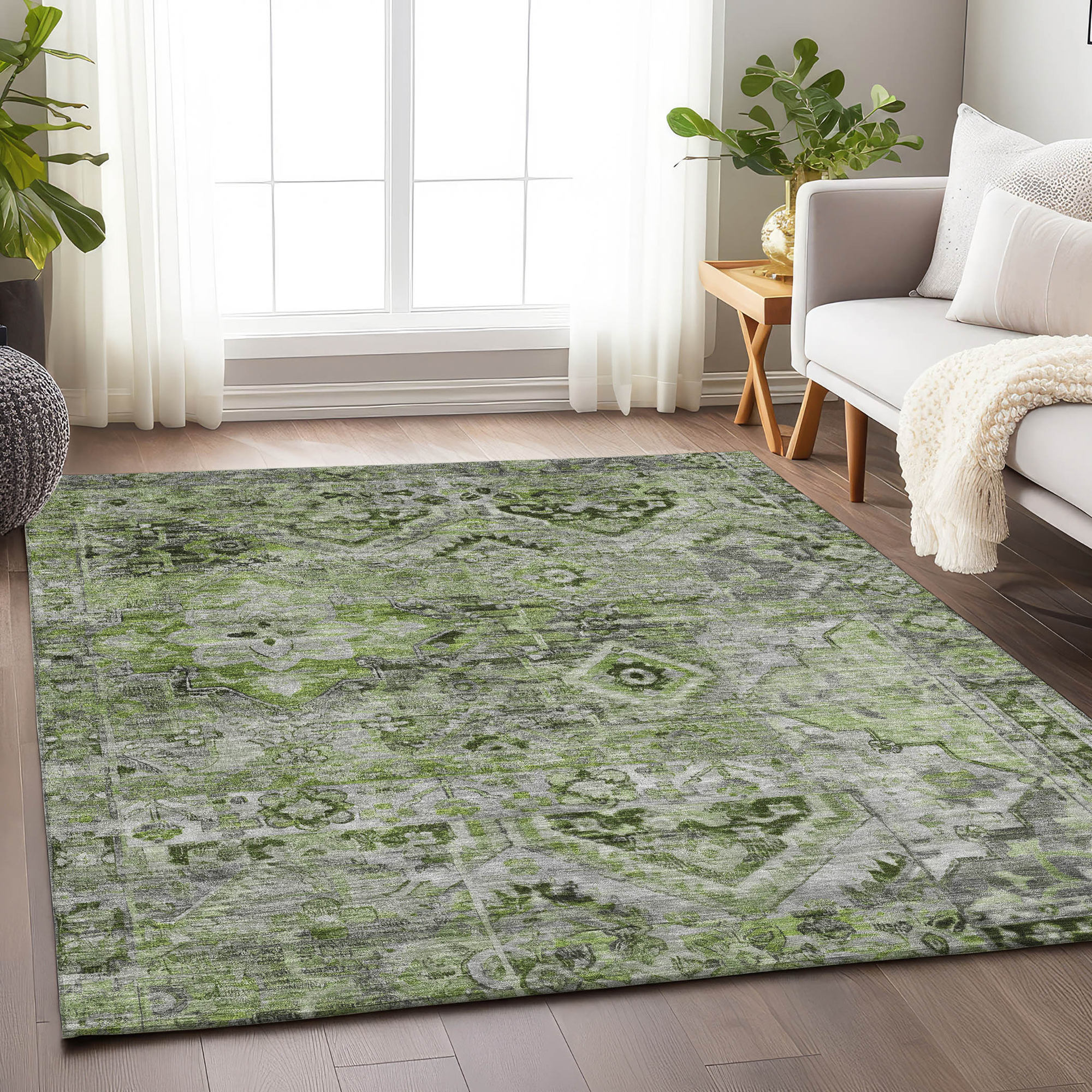 10' X 14' Artichoke Green And Gray Floral Medallion Washable Indoor Outdoor Area Rug - Sports & Outdoor