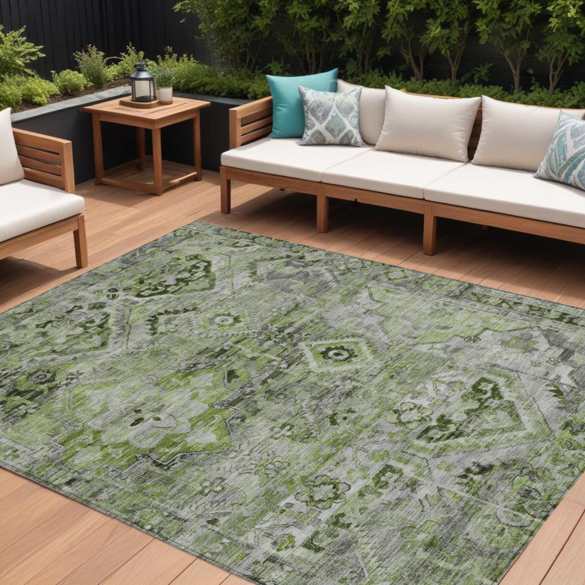 10' X 14' Artichoke Green And Gray Floral Medallion Washable Indoor Outdoor Area Rug - Sports & Outdoor