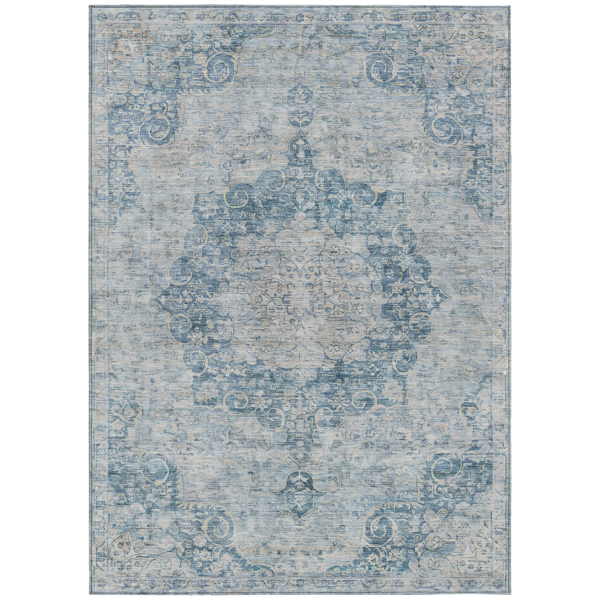 10' X 14' Blue Floral Medallion Washable Indoor Outdoor Area Rug - Sports & Outdoor