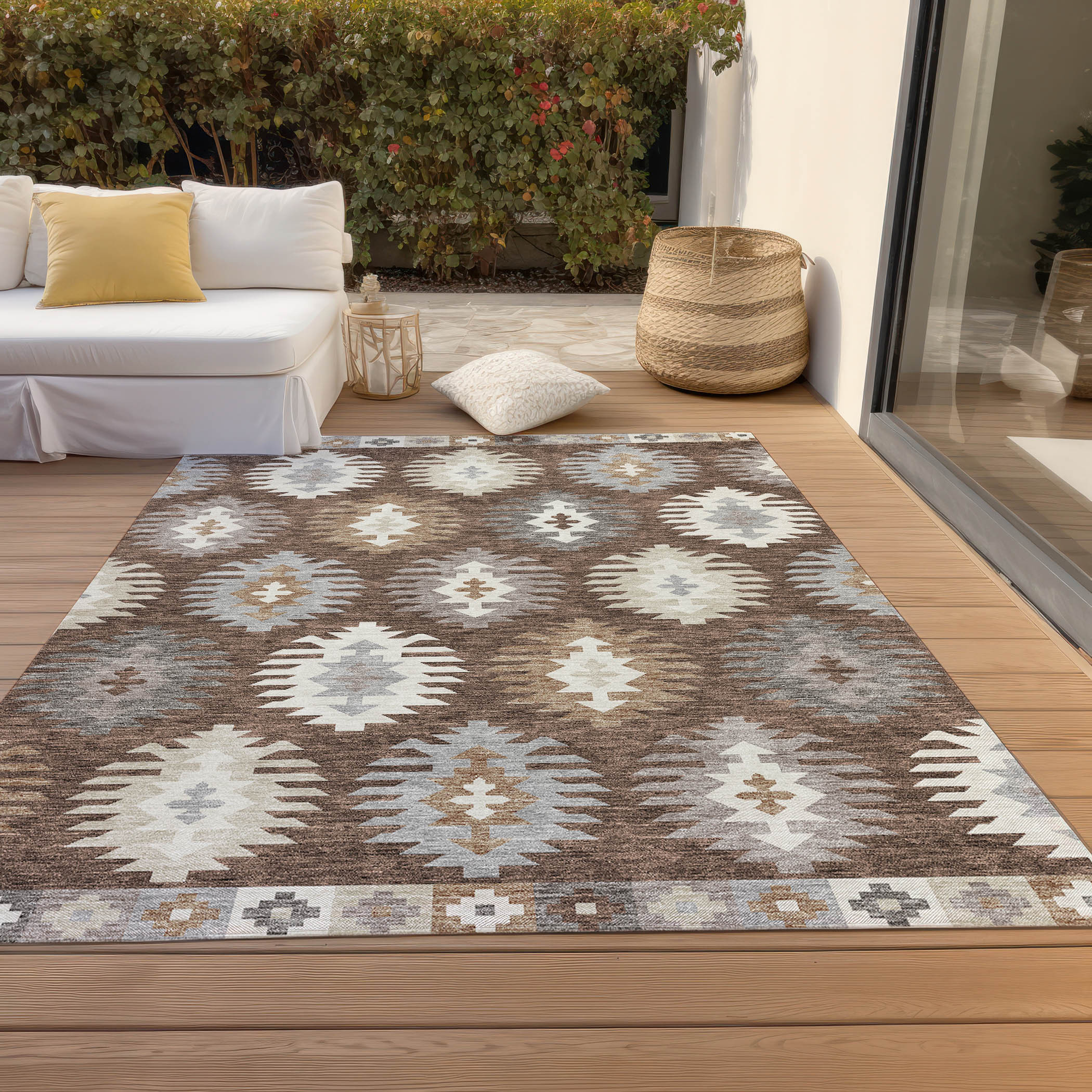 10' X 14' Brown Ivory And Taupe Southwestern Washable Indoor Outdoor Area Rug - Sports & Outdoor