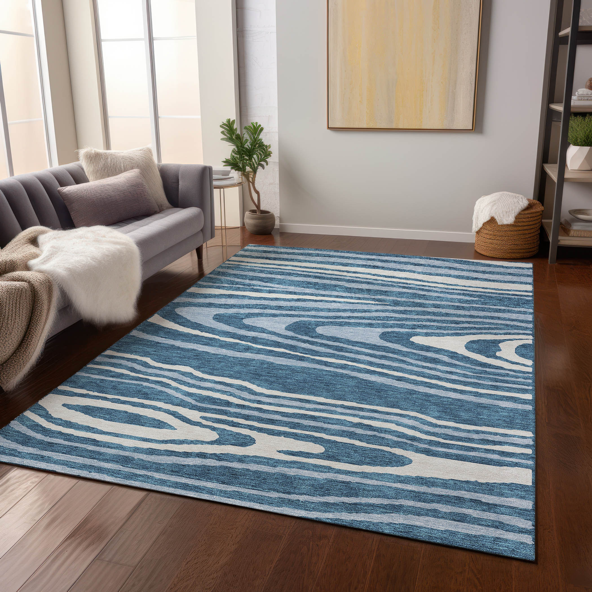 10' X 14' Navy Blue Denim Blue And Ivory Faux Bois Washable Indoor Outdoor Area Rug - Sports & Outdoor