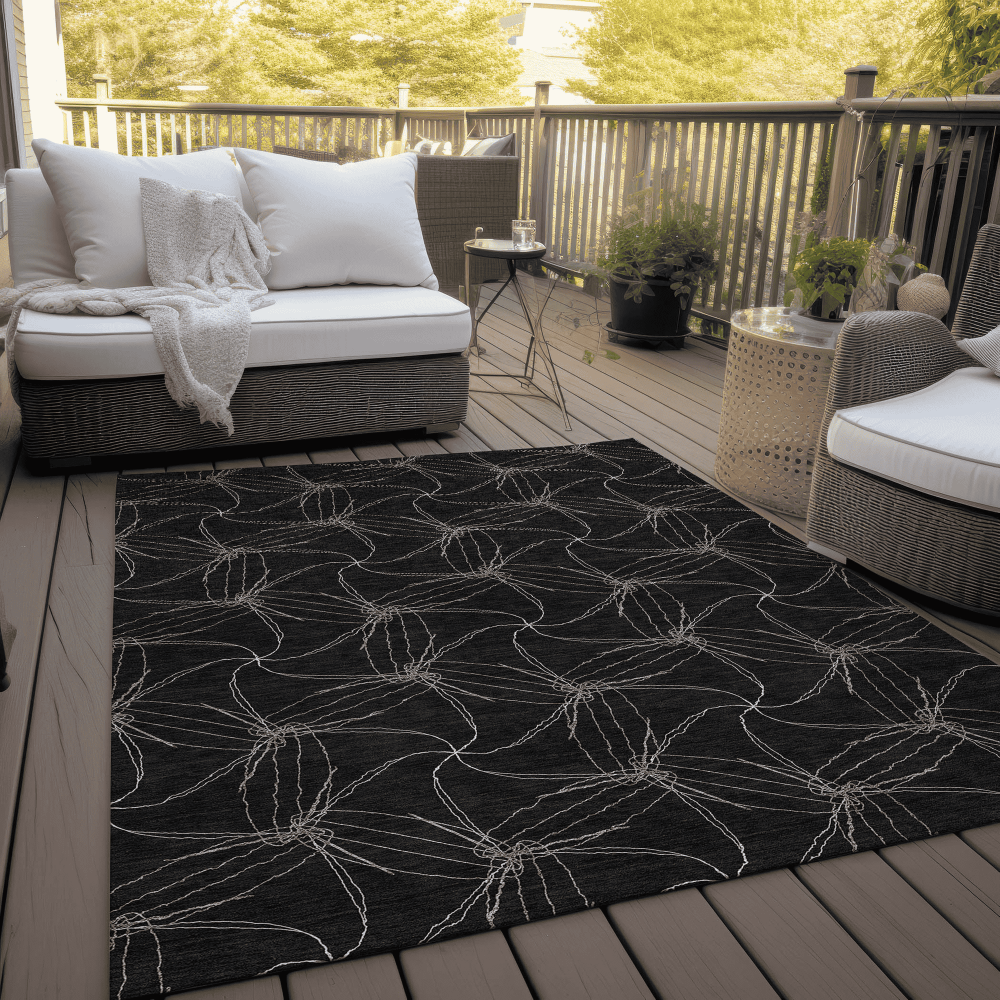 10' X 14' Black And Ivory Geometric Washable Indoor Outdoor Area Rug - Sports & Outdoor