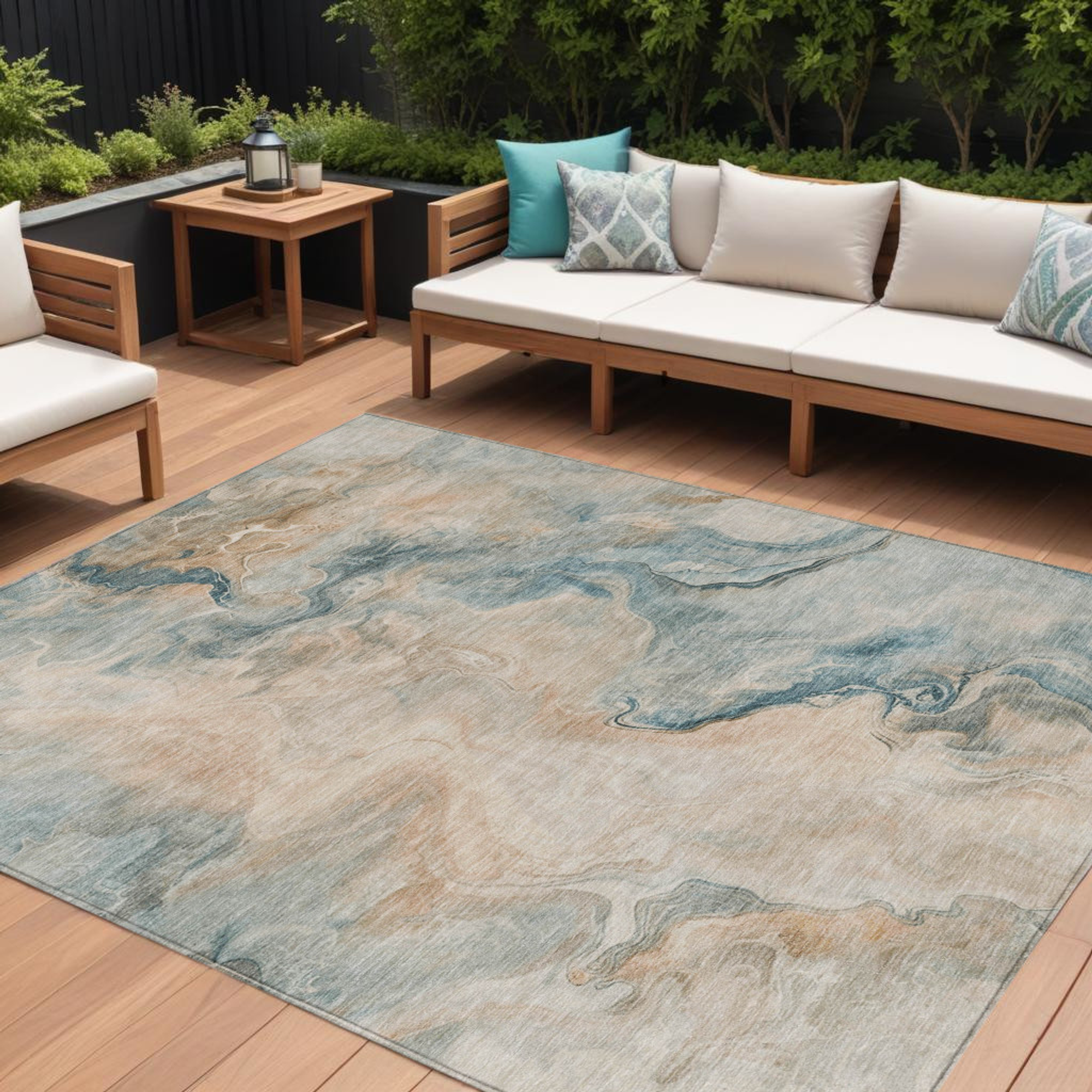 10' X 14' Teal Blue Coral And Ivory Abstract Washable Indoor Outdoor Area Rug - Sports & Outdoor