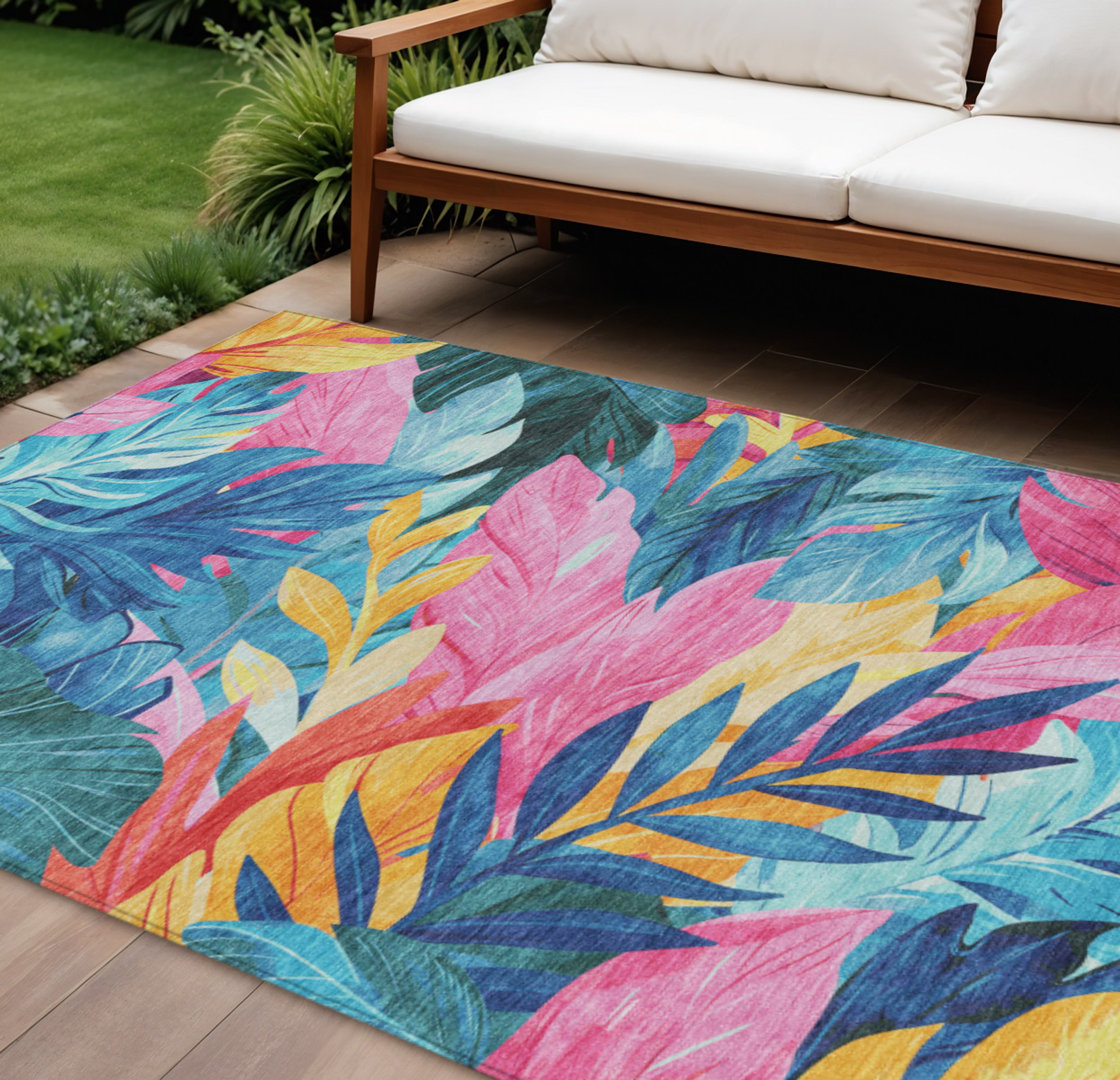 10' X 14' Sky Blue And Pink Floral Washable Indoor Outdoor Area Rug - Sports & Outdoor