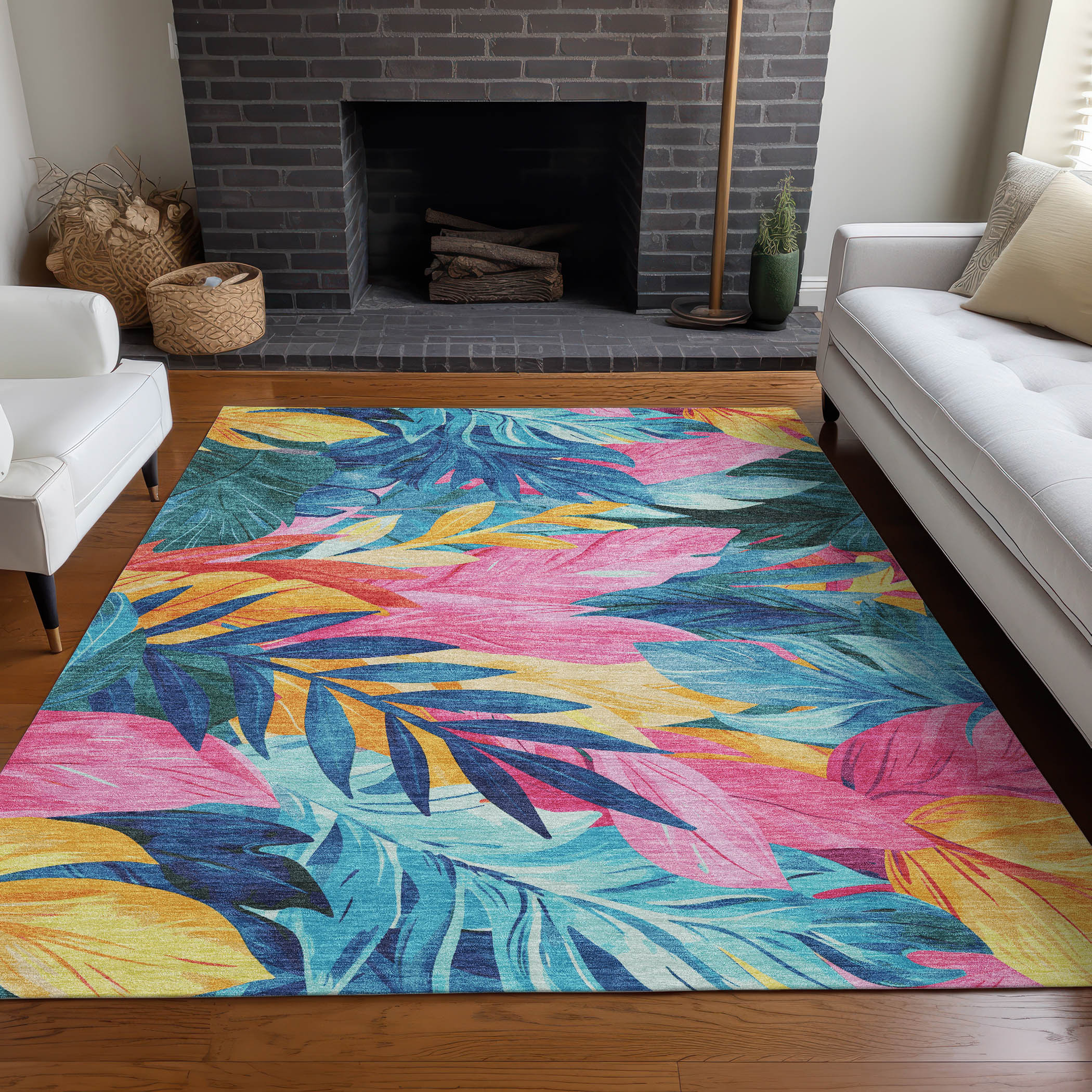 10' X 14' Sky Blue And Pink Floral Washable Indoor Outdoor Area Rug - Sports & Outdoor