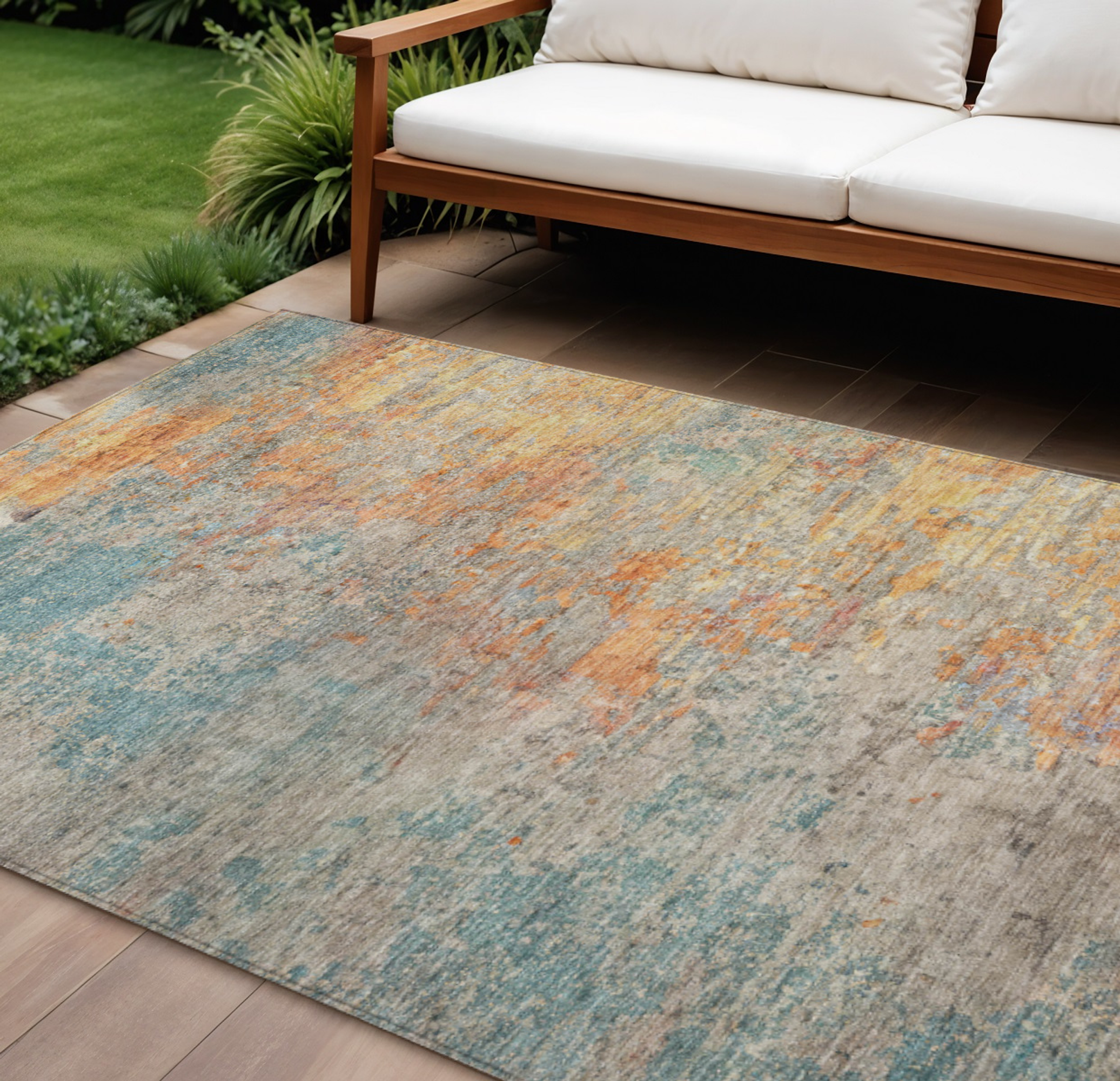 10' X 14' Teal Blue Abstract Washable Indoor Outdoor Area Rug - Sports & Outdoor