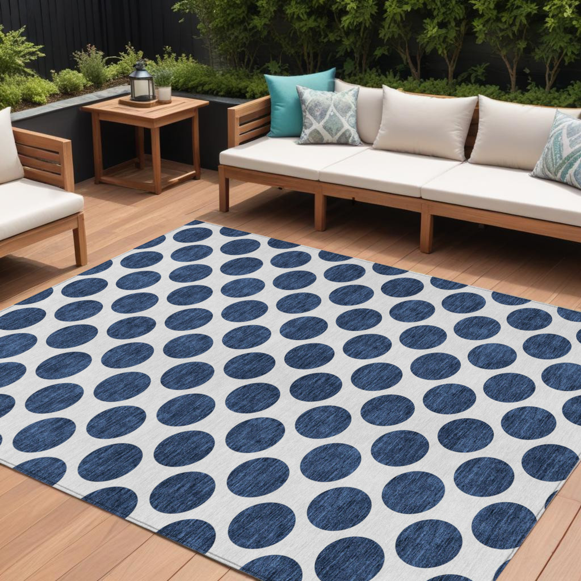 10' X 14' Navy Blue And Ivory Polka Dot Washable Indoor Outdoor Area Rug - Sports & Outdoor